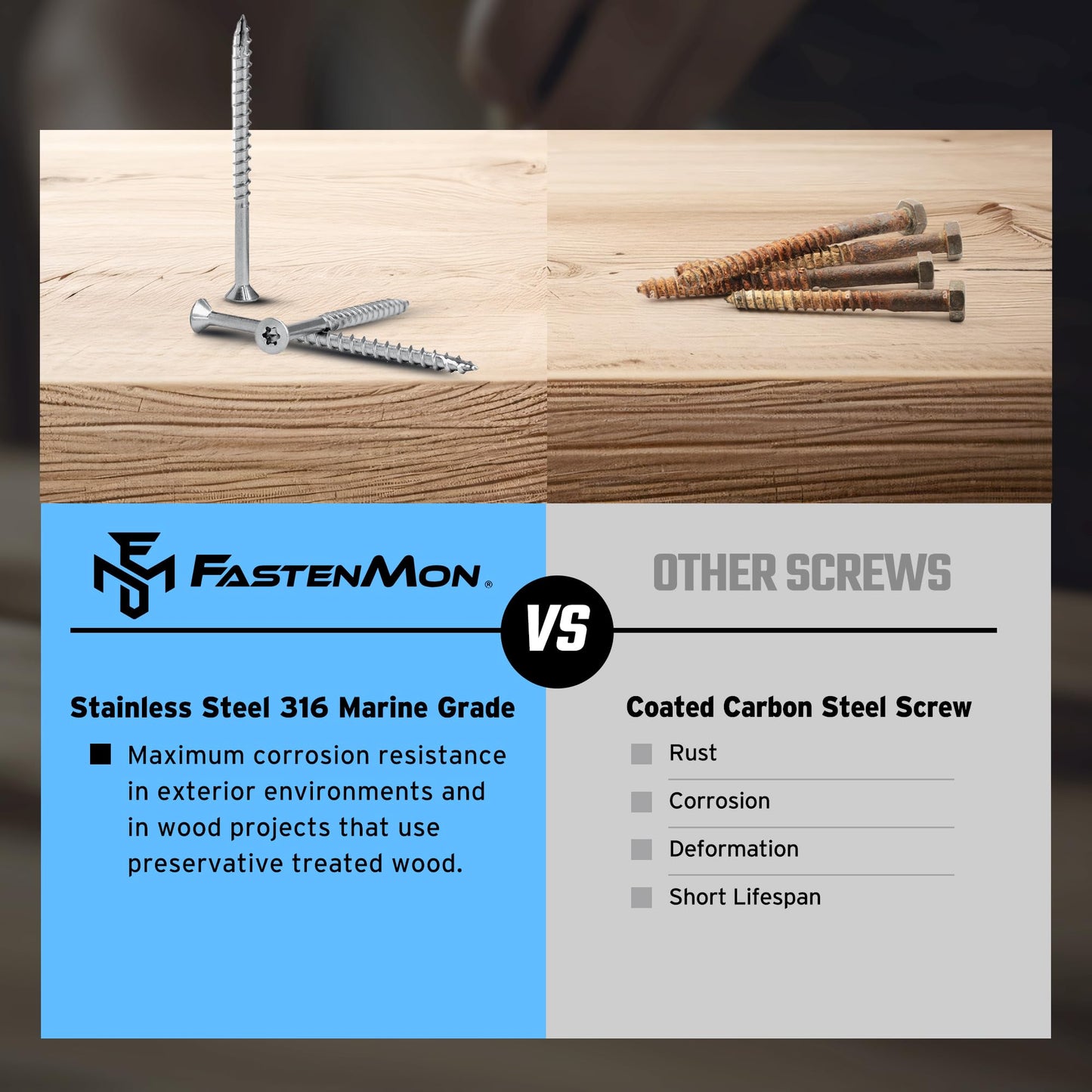 FM FastenMon #10 x 3 Marine Grade Type 316 Stainless Steel Wood Screws - 300 Pack with T25 Bit – Torx Flat Head Type 17 Point Ideal for Decks, Fences, and Coastal Construction