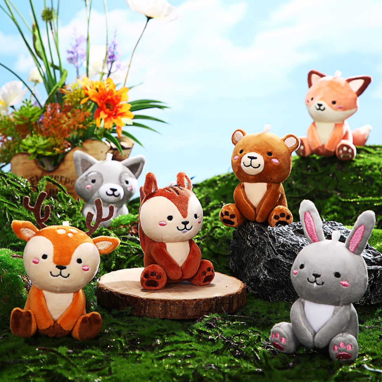 Suilung 12 Pcs Mini Woodland Stuffed Animals Bulk 4'' Woodland Animal Plush Toys Cute Bear Rabbit Raccoon Fox Deer for Baby Shower Party Centerpiece Birthday Gifts Classroom Prizes