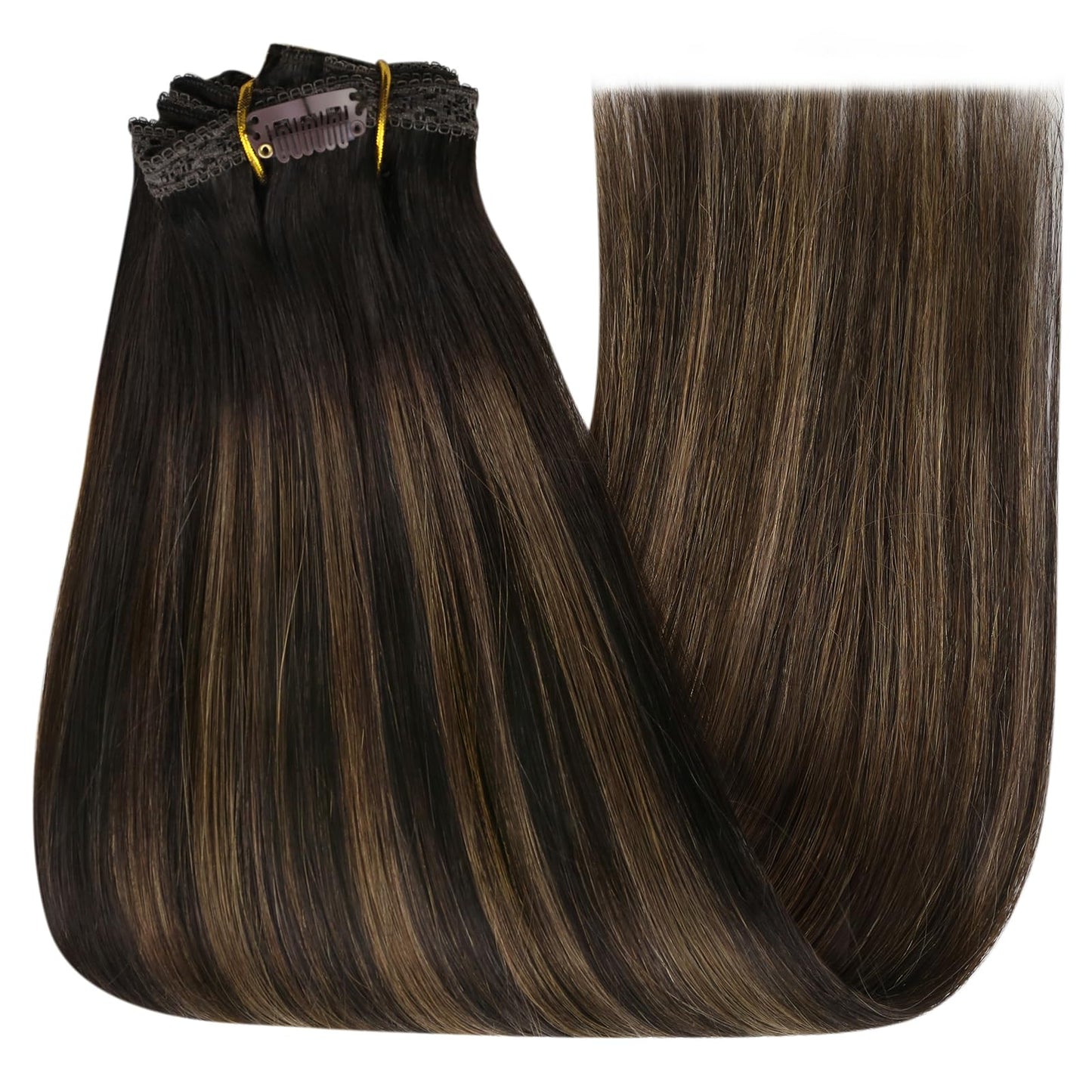 YoungSee Clip in Hair Extensions Human Hair Blayage Clip in Hair Extensions Real Human Hair Dark Brown Mix Medium Brown Highlights Brown Balayage Straight Hair Extensions Clip ins 18In 120G 7Pcs