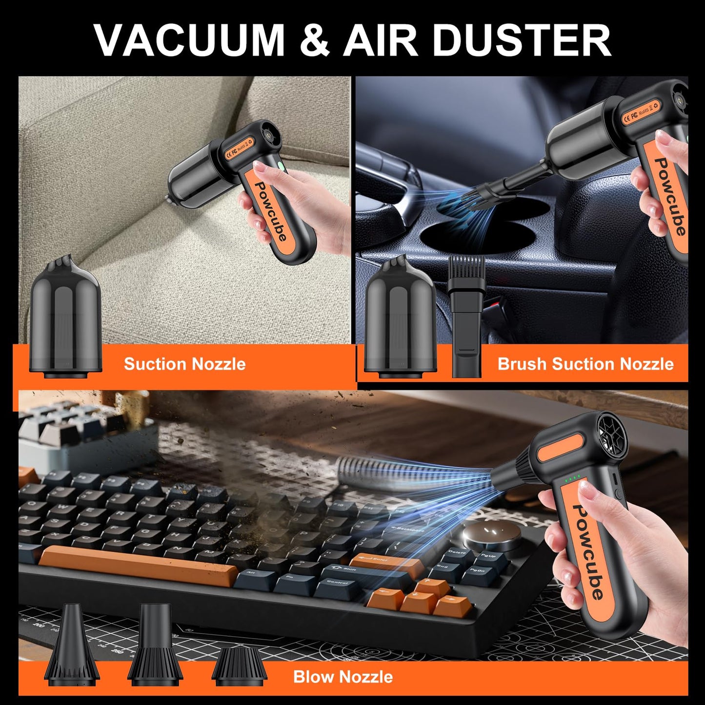 2-in-1 Compressed Air Duster 180000RPM Powerful Motor, Cordless Mini Vacuum Cleaner, 10,000mAh Battery, Portable Electric Air Duster, Dust Blower for Computer, Keyboard, Outdoor, House, Car and Office