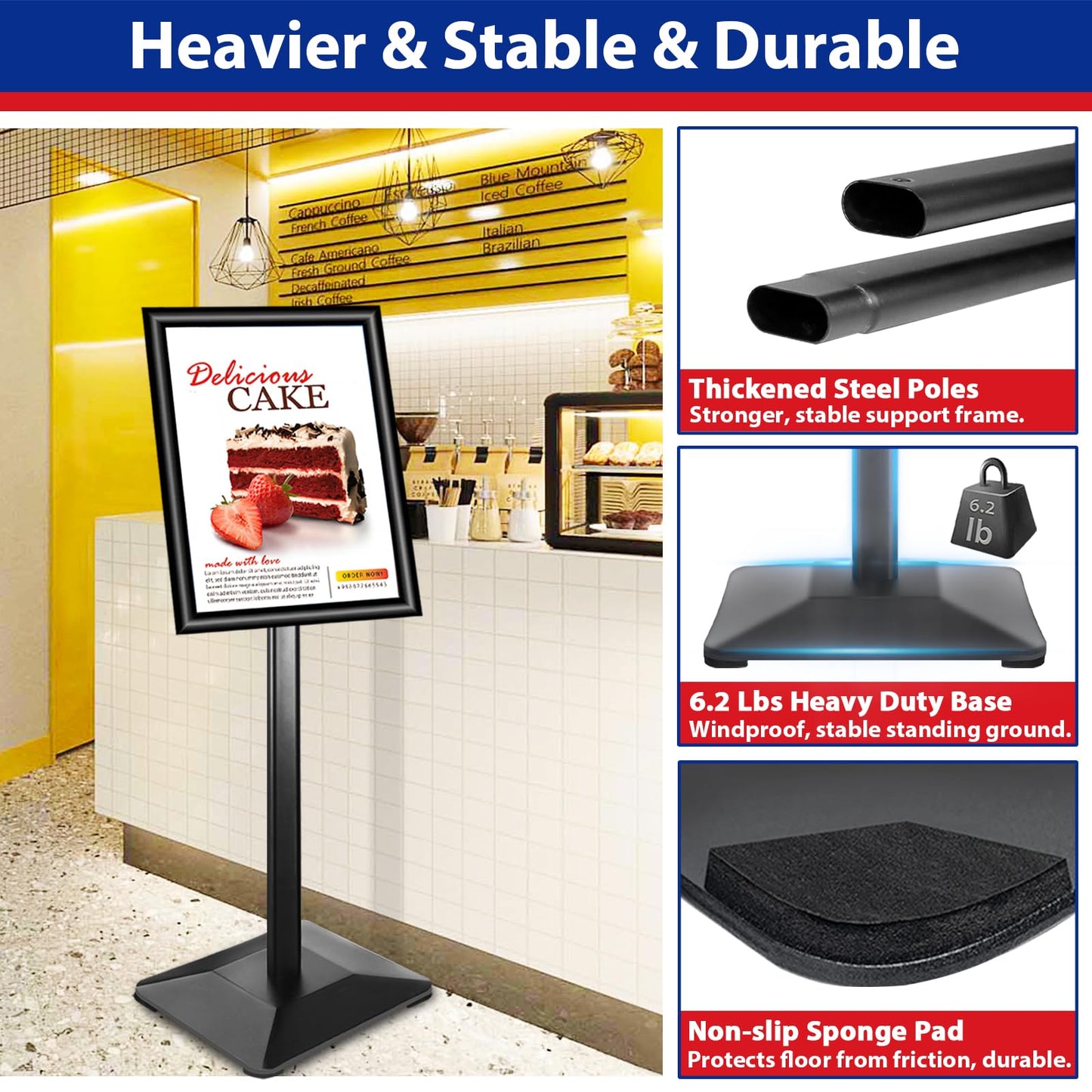 VAIIGO Pedestal Sign holder Stand 11x17inch Adjustable Standing Floor Sign Stand with Heavy Base & Snap Frame Display Stand for Indoor Outdoor Business Store Sign Holder Poster Stand (Black)
