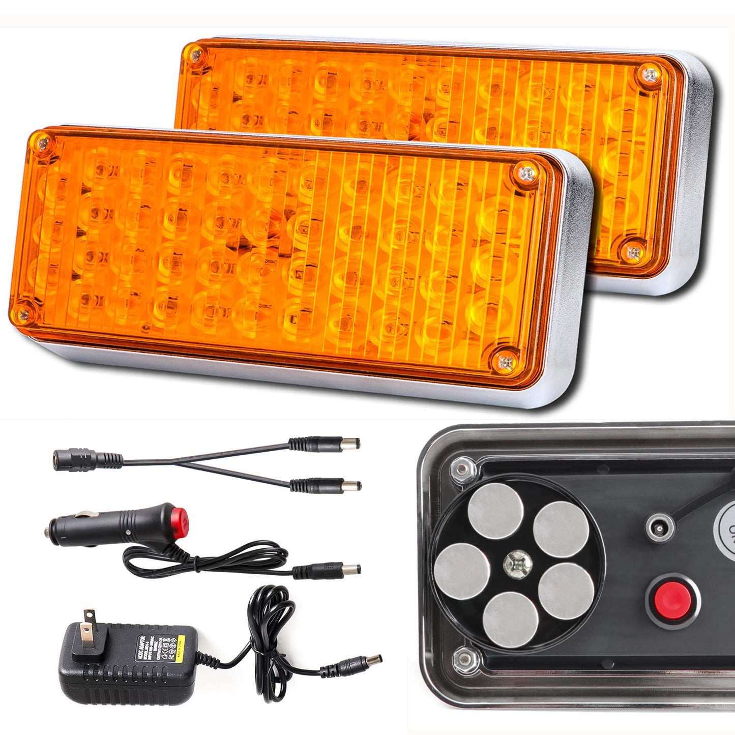 Upgraded 2pcs Magnetic Strobe Flashing Hazard Amber beacon Lights for Trucks Trailer Vehicles Wireless Portable 42 LED Trailer Tail Plow Marker Warning Rechargeable Overside Road Light 5 Patterns