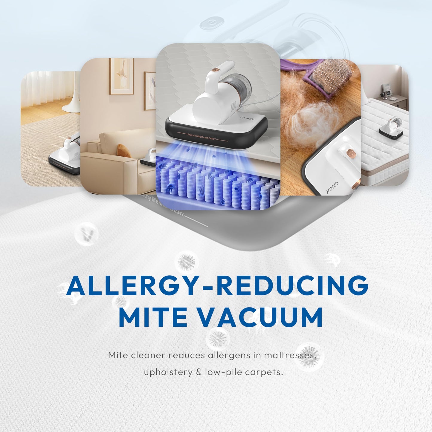CANDY™ Mattress Vacuum Cleaner UV Sanitizing with HEPA Filter,350W Anti-Allergen for Bed,Carpet,Couch,Dust & Pet Hair, 0.4L Dust Cup with Washable Fliter, Auto UV Shutoff & Overheat Protection