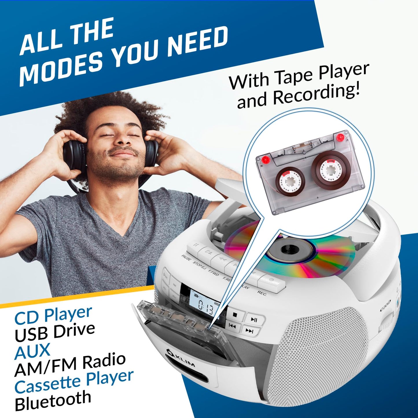KLIM CD Player & Cassette Tape Player, Bluetooth Boombox, AM/FM Radio, Stereo Sound, Remote, CD and Cassette Combo, Tape Recording, USB Drive, AUX, AC/DC Powered - White