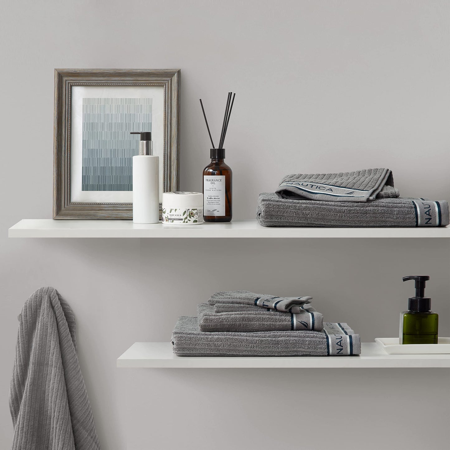 Nautica – Bathroom Towels, Washcloth, Bath & Hand Towel Set, Highly Absorbent Ribbed Terry Cotton, Set of 6, College Dorm Room Essentials (Signature Grey)
