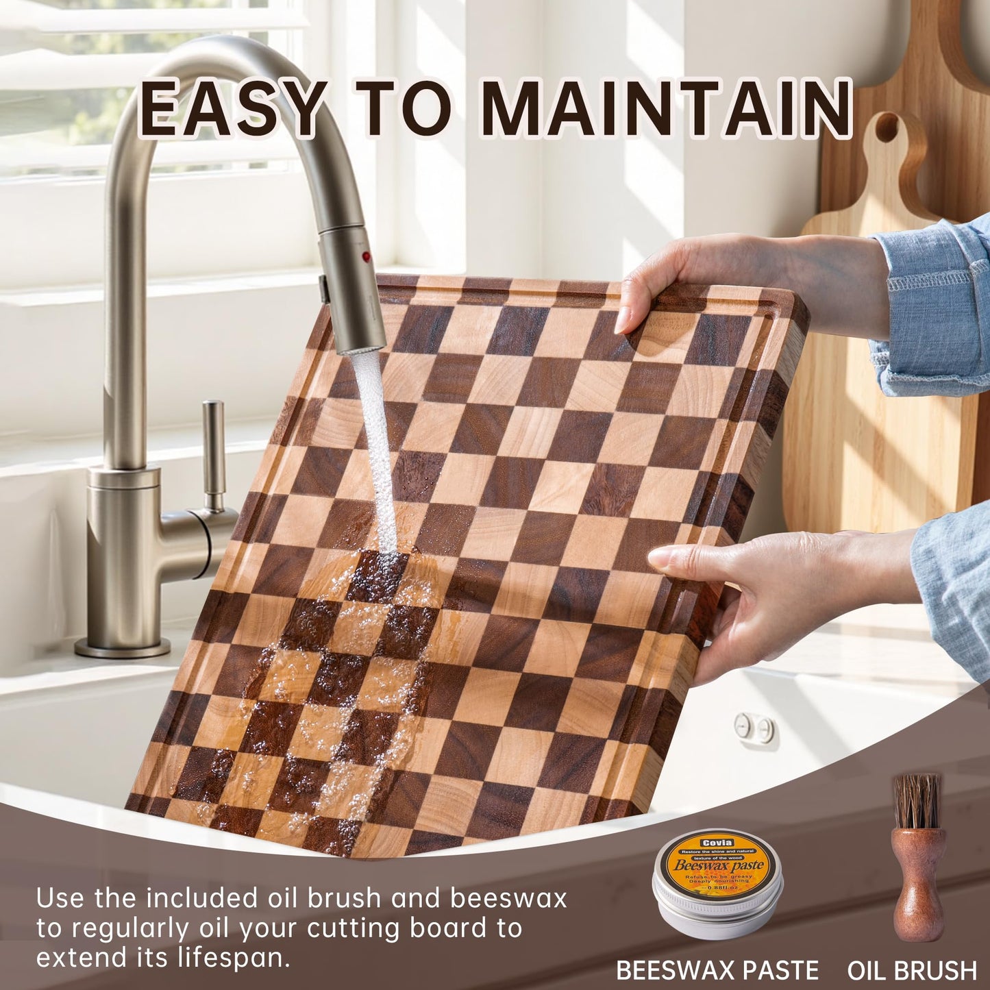 FYCTIO Cutting Board Set, Acacia Wood Checkered Cutting Boards for Kitchen, 3 pcs Chopping Board with Juice Grooves & Handles, Butcher Block Serving Tray for Meat, Vegetables and Fruits with Gift Box