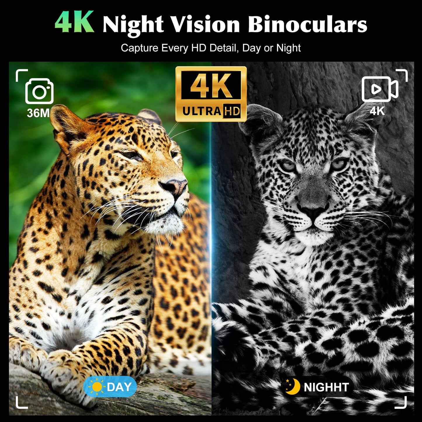 FIEGEl Night Vision Goggles, 4K UHD Video & 36MP Image Infrared Night Vision Binoculars with 4.5″ Screen, 4500mAh Rechargeable Battery, 32GB TF Card, 8X Digital Zoom for Camping (Black)