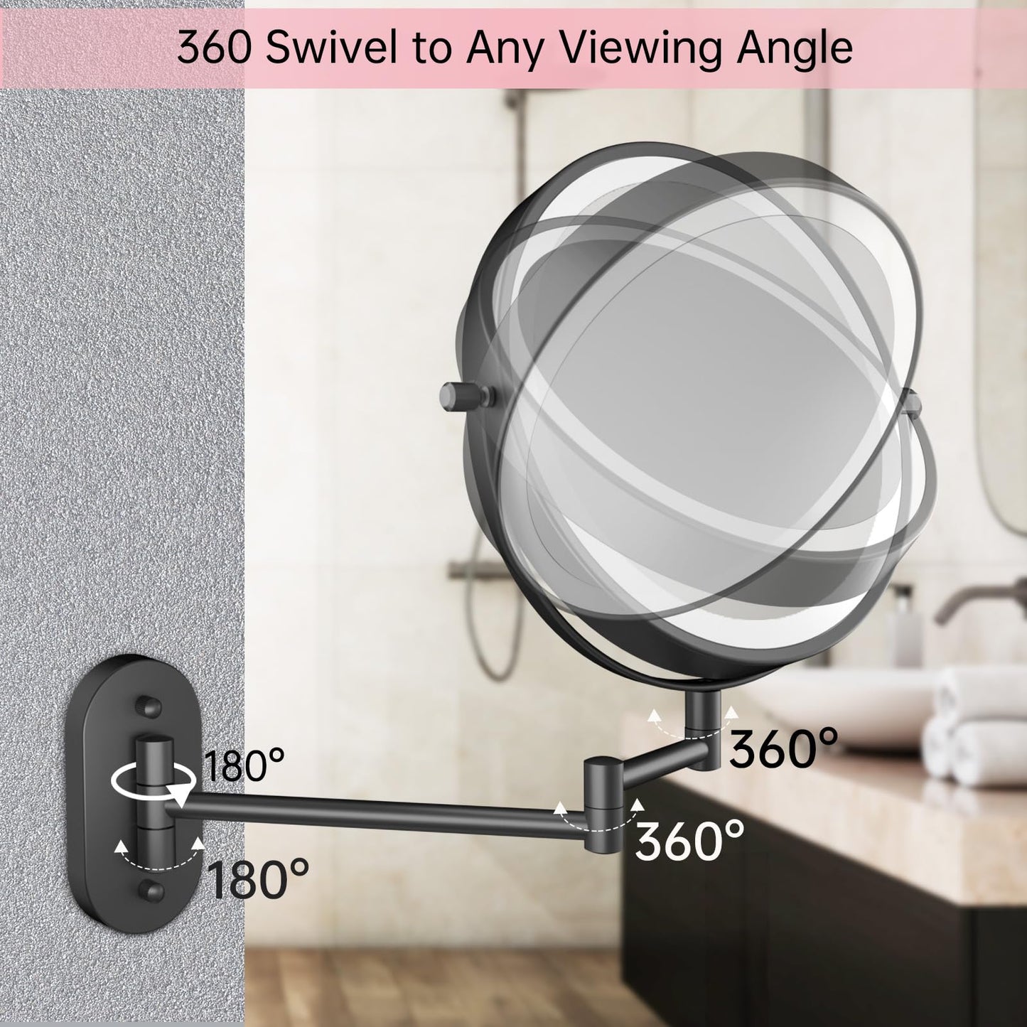 FUNTOUCH 5000mAh Rechargeable Wall Mounted Lighted Makeup Vanity Mirror, Double Sided 1X 30X Magnifying, 3 Color Lighting, Touch Dimming, Extended Arm 360 Rotation Light up Bathroom Mirror Black