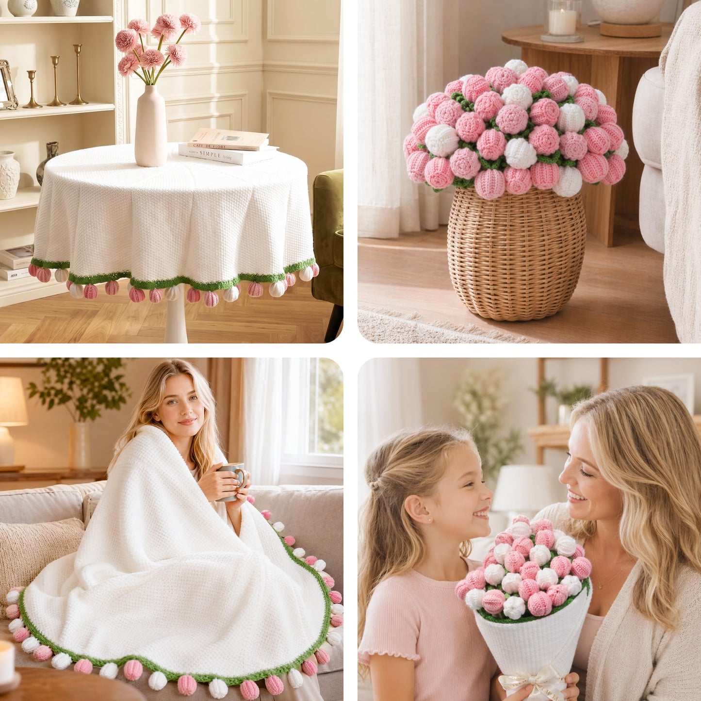 Crochet Flower Bouquet Throw Blanket, 43inch Handmade Knitted Blanket with Rose Flowers, Cute Romantic Gift for Her Girlfriend Mom Mother’s Day Valentine Wedding Anniversary Birthday, Pink and White