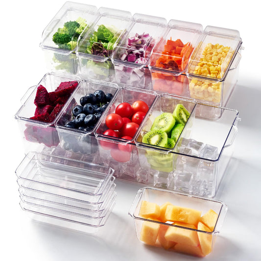 2 Pack Chilled Condiment Tray Server with 5 Containers and Removable Compartments, Large Ice Condiment Organizer, Clear Garnish Serving Platter for Kitchen, Fruit, Salad, Food, Bar Accessories