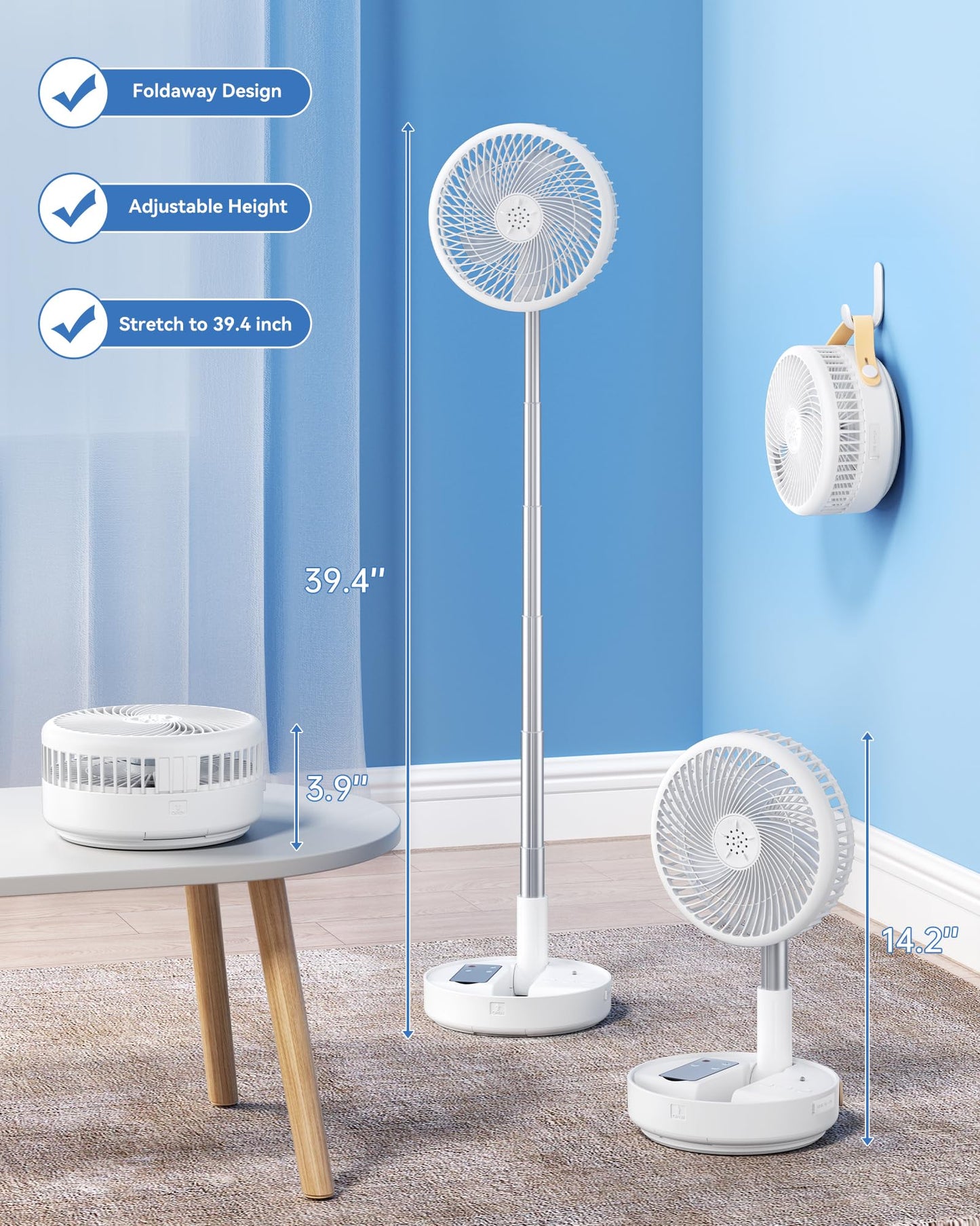 Primelove Portable Oscillating Travel Fan, 10400mAh Battery Operated Rechargeable USB Floor Table Desk Fan with Remote, 4 Speed Settings Pedestal Fan for Home Bedroom Office Camping, White,8"
