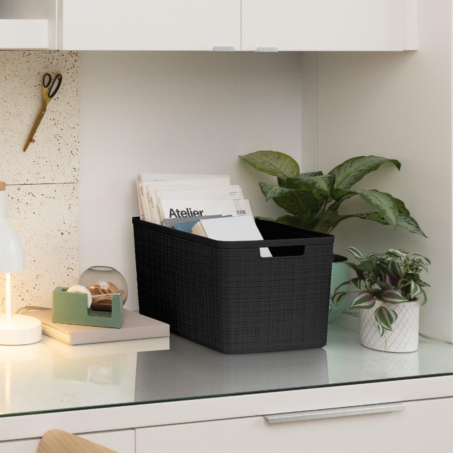 Curver Set of 4 Large 20L Jute Decorative Plastic Organization and Storage Baskets - Perfect Bins for Home Office, Closet Shelves, Kitchen Pantry and All Bedroom Essentials, Black