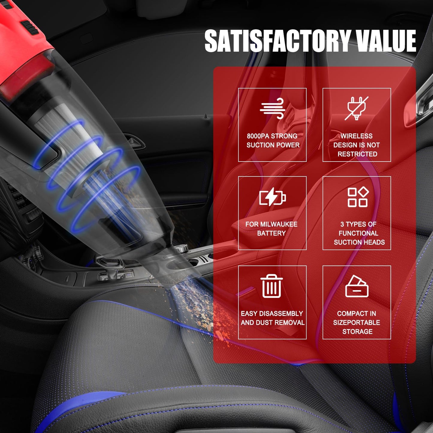 TRONYAN 120W Cordless Vacuum Cleaner Compatible with Milwaukee 18V Battery (No Battery), Handheld Vacuum for Home, Boat, Workshop, Car, Pet Hair, Furniture, Tool Only