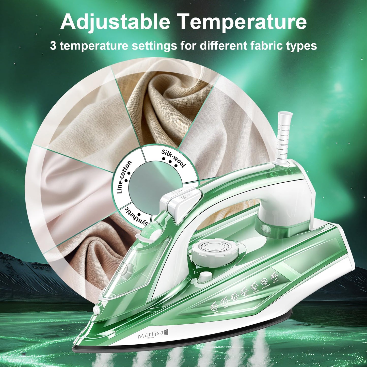Martisan Steam Iron Lite, 1600W, 15s Fast Heat-up, Dual Layer Soleplates for Heat Reserve, Precise Adjustable Temp, Non-stick Ceramic Panel, Anto-off, Anti-drip, Anti-calc, Green