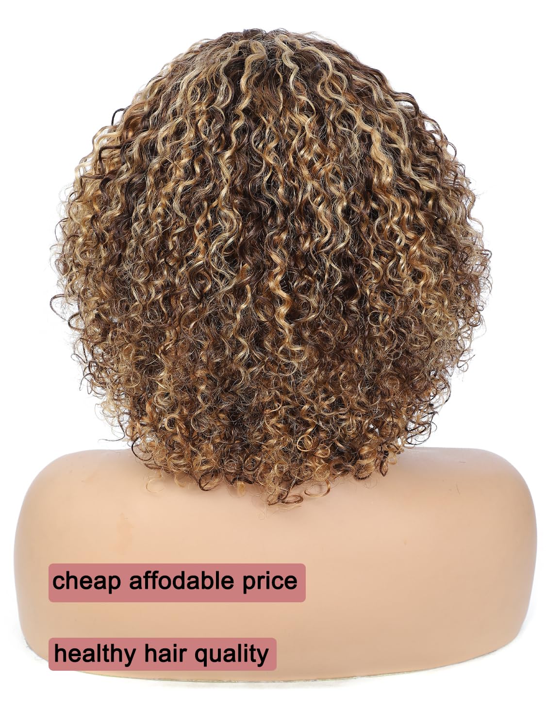 LYOLKSER 200 density short curly human hair wig with bangs 100 percent human hair no lace wig for black women highlight P4/27 brown and blonde 12 inch