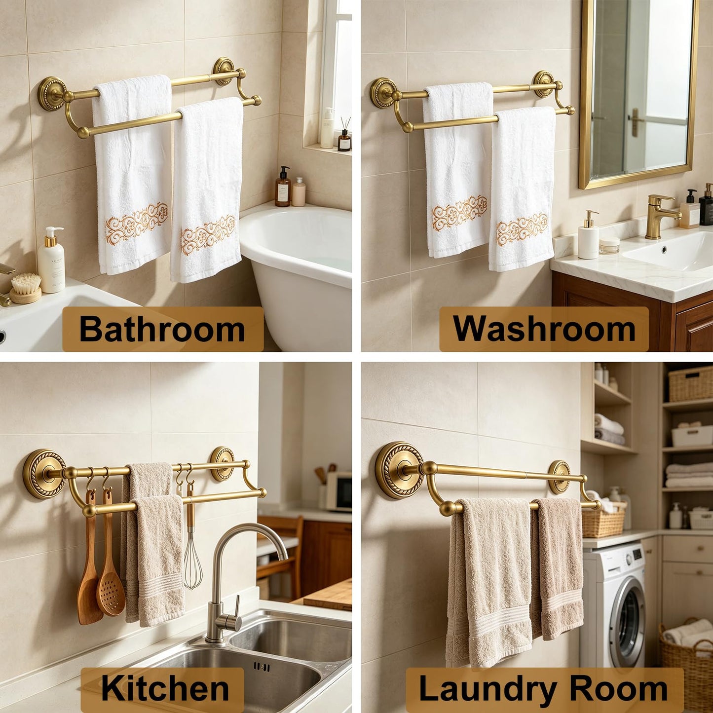 Double Towel Bar, Antique Brass Bathroom Towel Racks Wall Mounted, Adjustable Vintage Gold Towel Bar Fits 16.4 to 27.8 Inch Wall Space, Heavy Duty Rustproof Brass Towel Rod Holder for Kitchen Laundry