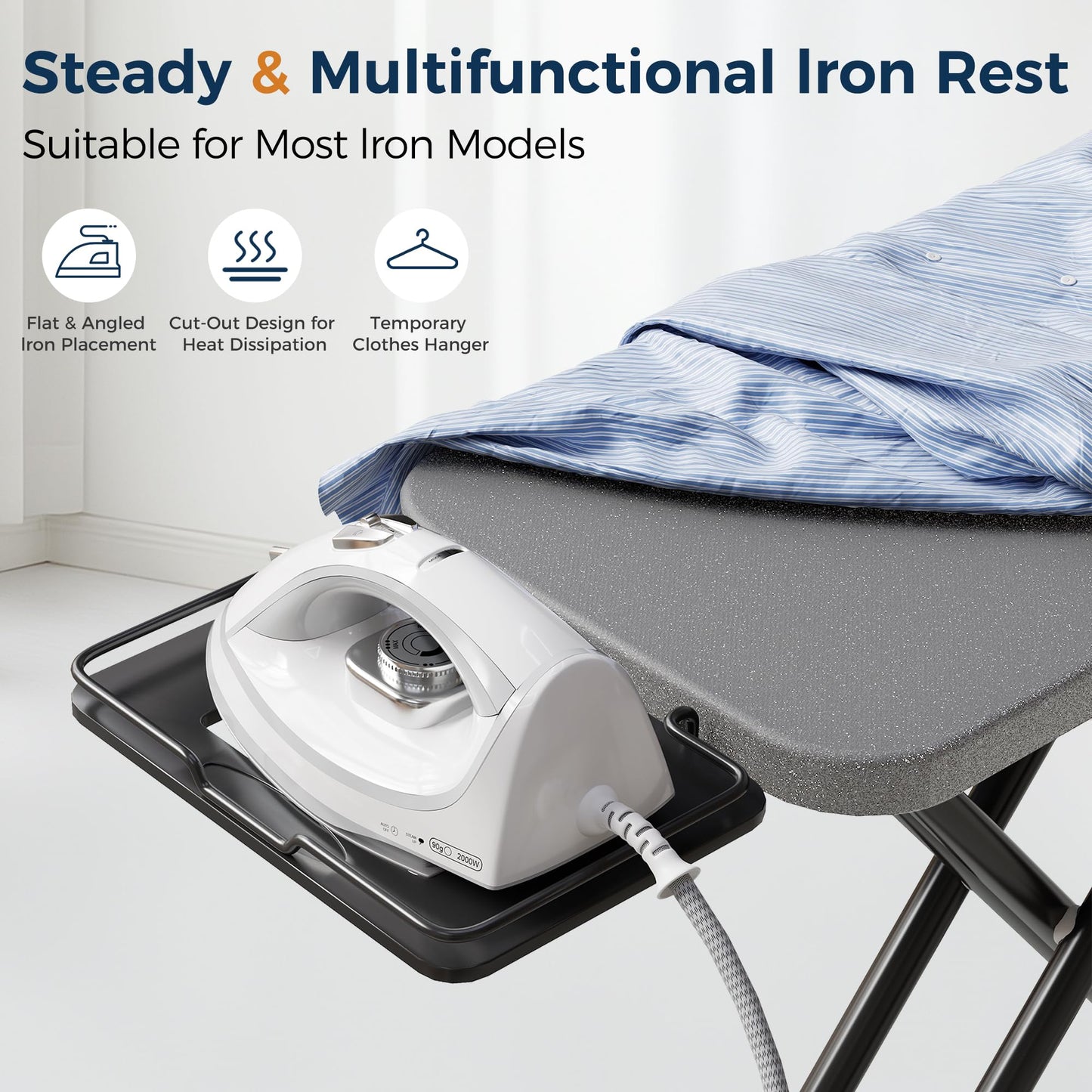 BEWISHOME Foldable Ironing Board, Compact Iron Board with 7 Adjustable Heights and Safety Iron Rest, Ironing Stand with Cover and Pad for Heat Resistance, for Laundry Room 43" X 13" Grey KYB01B