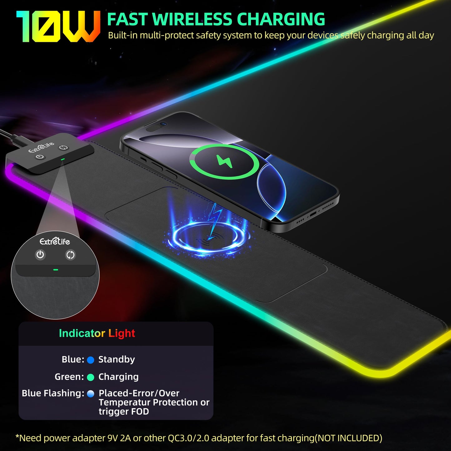 Mouse Pad with Wireless Charging, RGB Gaming Mousepad, Large Desk Mat with Ultra-Smooth Surface, Non-Slip Mouse Mat, Waterproof Computer Keyboard Pad for Gaming, Desk, Office, PC, 800x400x4MM, Black