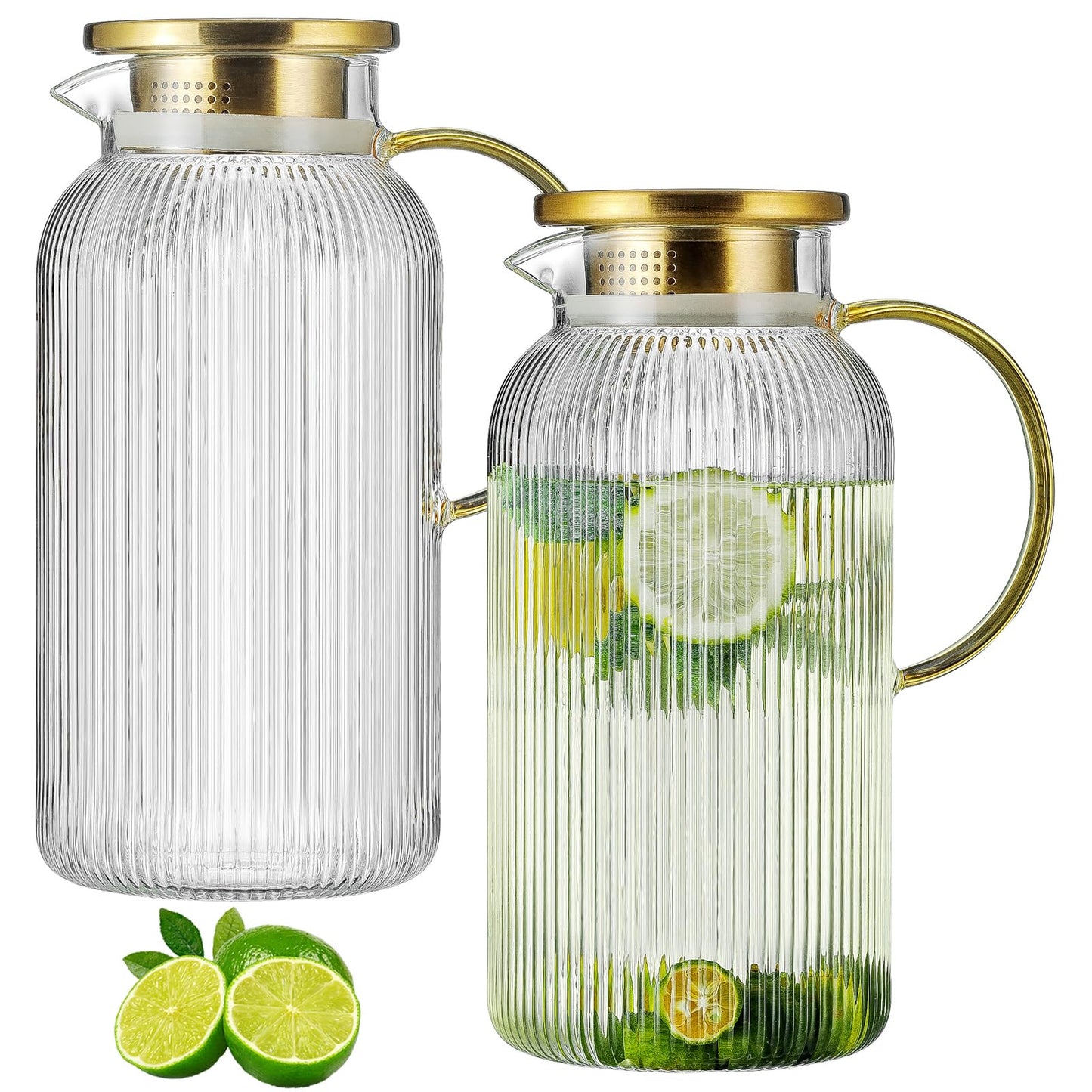 Buaic 2 PACK Glass Pitcher with Lid, 84oz/2.5L Liter Classic Vertical Stripes Water Pitcher,Glass Water Carafe for Cold Brew, Coffee, Lemonade, Iced Tea,Sun Tea, Beverage, Heat Resistant