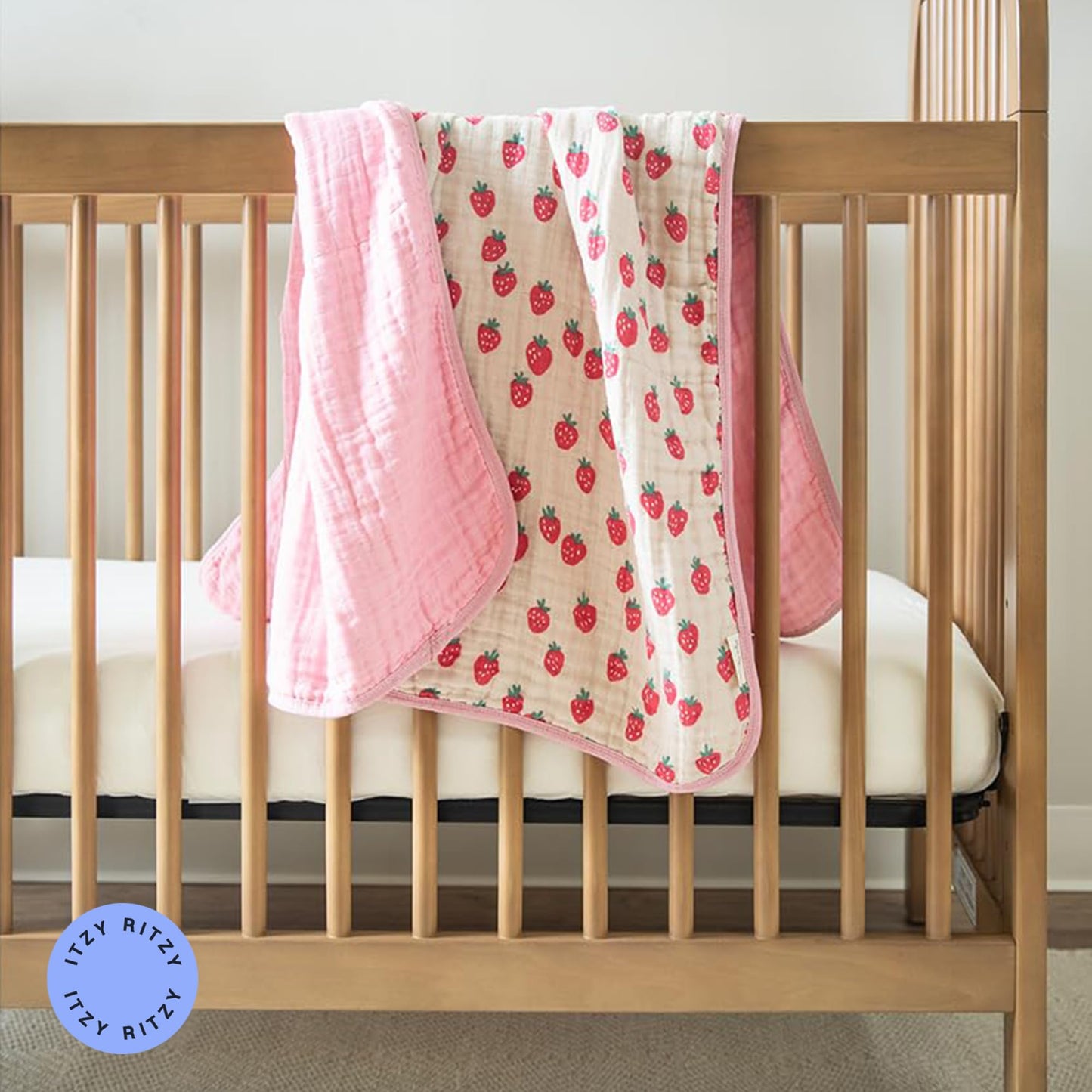 Itzy Ritzy Baby Blanket – Soft Cotton Muslin Multi-Use Blanket - Can Be Used as a Tummy Time Mat, Nursing Cover, Stroller Shade & More – Measures 30" x 40", Machine Washable (Strawberry)
