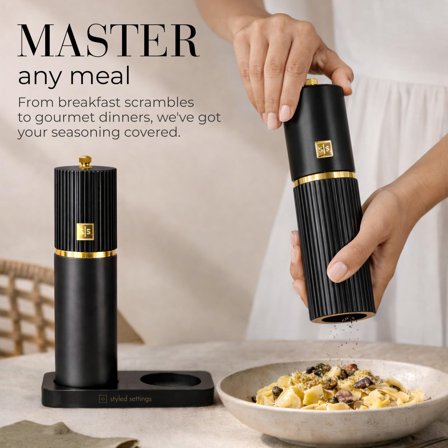Wooden Salt and Pepper Grinder Set – Refillable Manual Salt and Pepper Mills with Adjustable Ceramic Burrs, Gold Detailing, and Wood Stand – Dark Wood