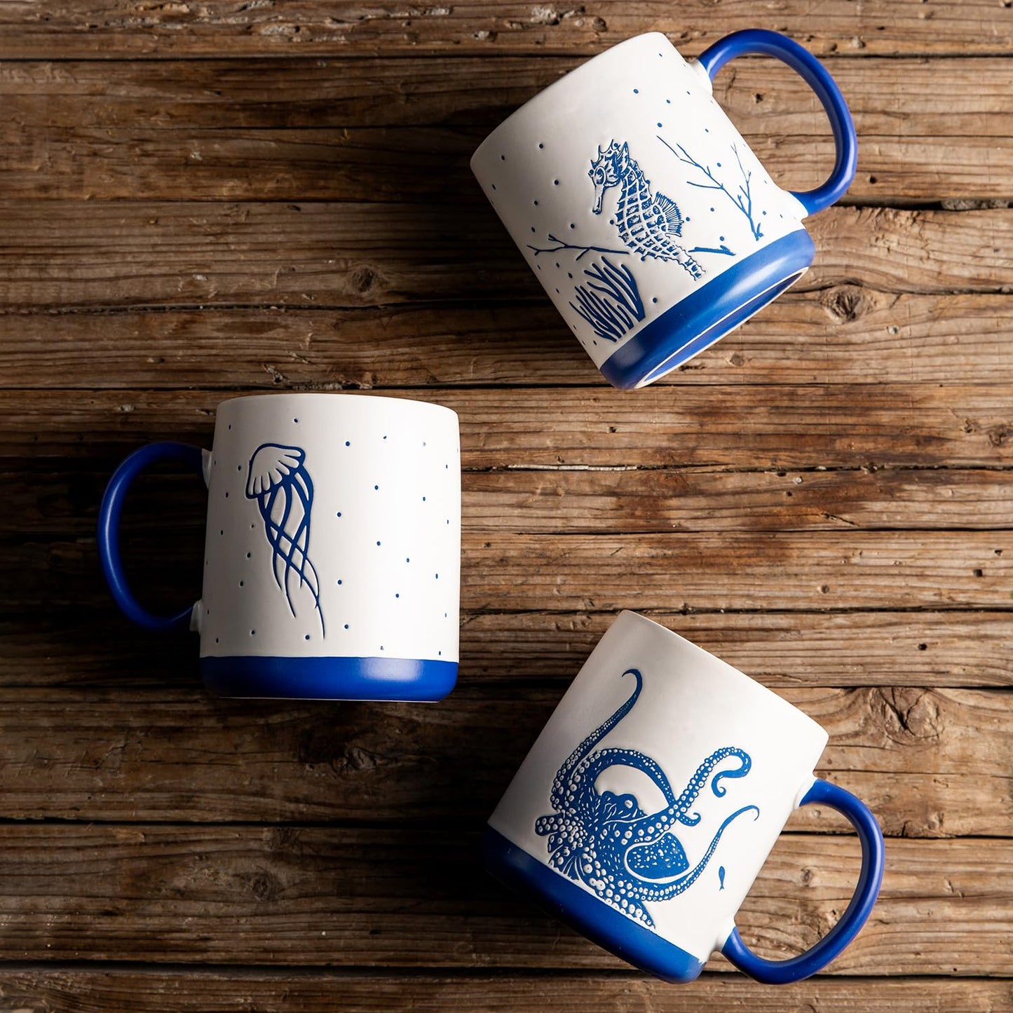 AmorArc Large Coffee Mugs Set of 6, 18oz Ceramic Coffee Cups with Sea Life Textured Patterns for Tea Latte Cocoa. Easy to Hold&Clean, Dishwasher&Microwave Safe, Matt White