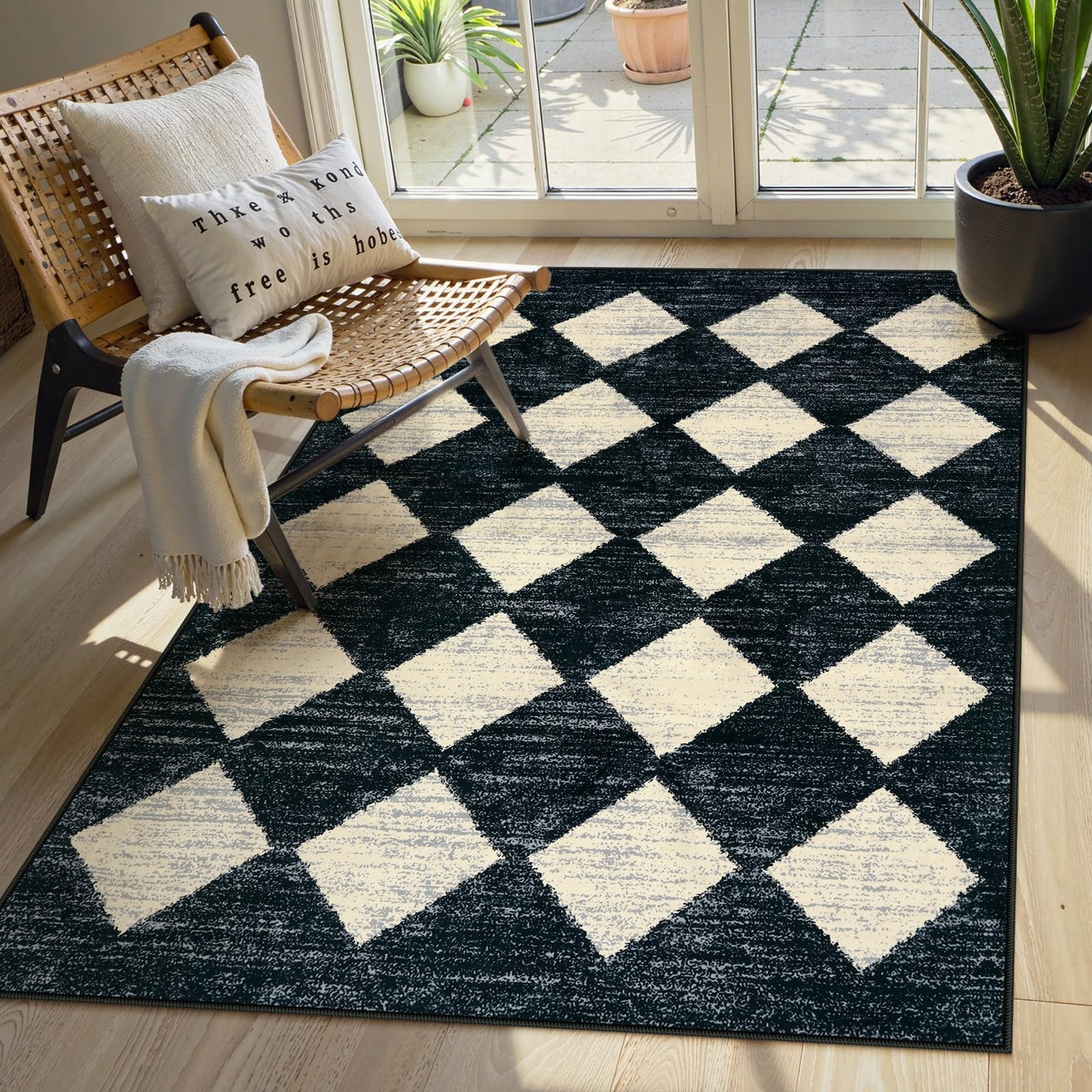 Lahome Machine Washable Area Rugs for Bedroom Aesthetic, 4x6 Soft Living Room Area Rug Non Slip Entryway Rugs, Moroccan Trellis Printed Black and White Indoor Kitchen Carpet for Bedside Office