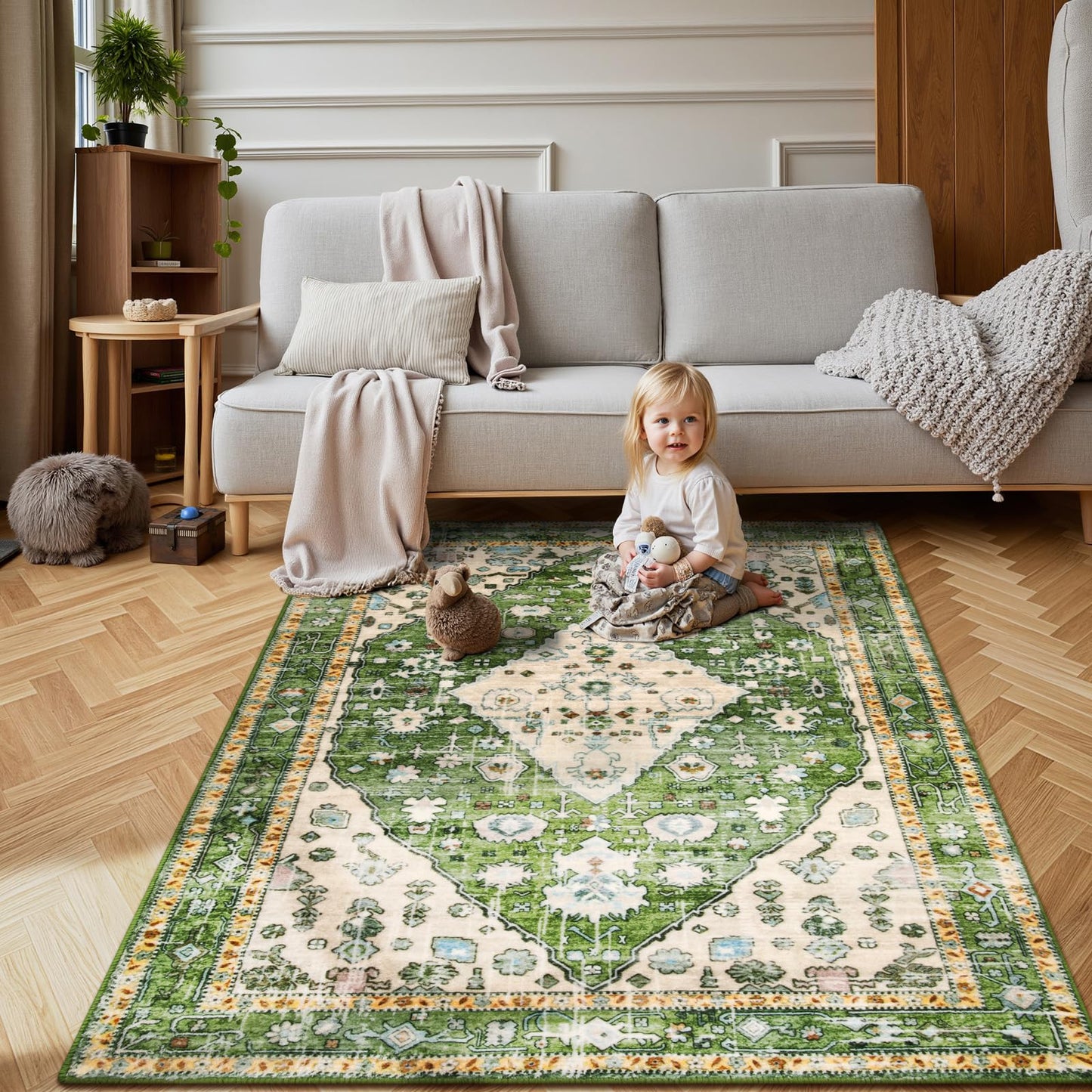 Lahome Boho Tribal Area Rug - 4x6 Green Machine Washable Bedroom Rugs for Living Room, Disstressed Soft Non Slip Indoor Nursery Floor Mat Carpet for Kitchen Table Home Office Camper RV Bar