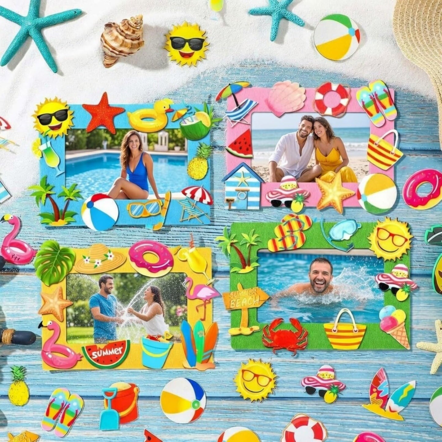 Marsui 232 Pieces Summer Ocean DIY Picture Frame Craft Kit for Kids 32 Pieces Under The Sea Felt Photo Frames and 200 Pieces Foam Stickers for Holiday Game Activities Classroom Decoration (Beach)
