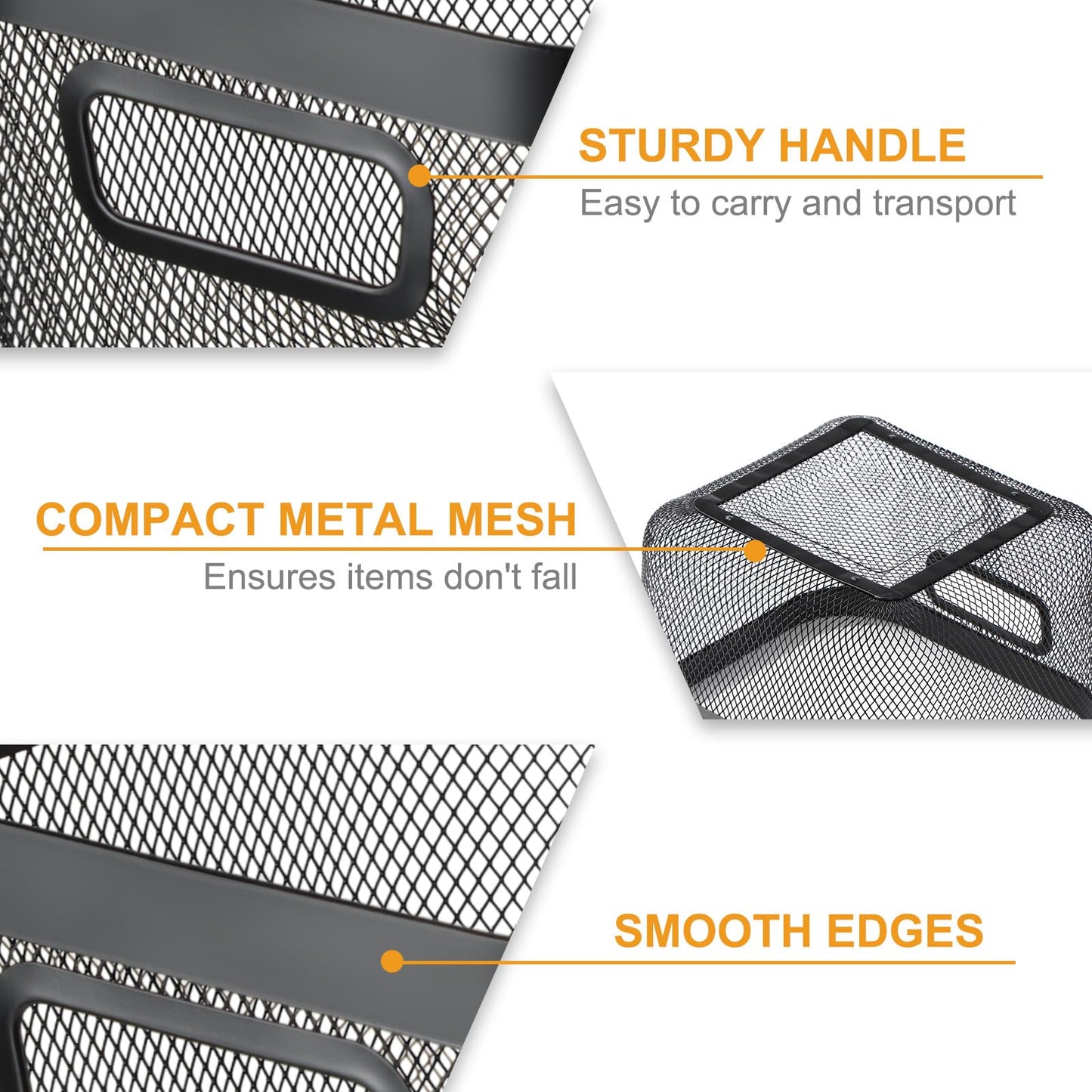 MorningRo 4 Pack Metal Mesh Steel Basket with Hollow Handles Square Wire Mesh Open Bin Fruit Storage Basket for Kitchen Bathroom Picnic Shopping Cabinet Home Items (Large,Black)