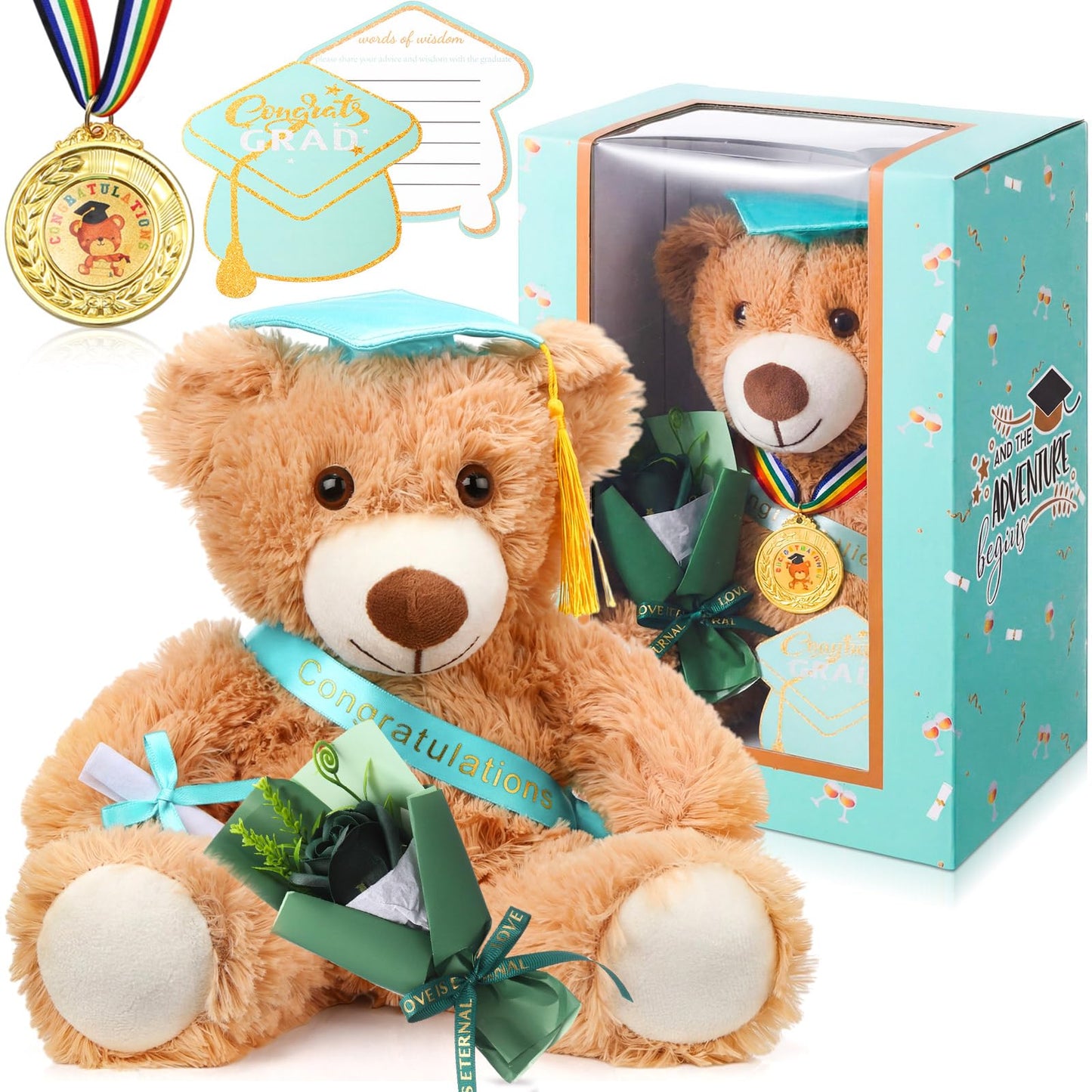 Soulchen 5 Pcs Graduation Gifts Set 14 Inch Graduation Bear Stuffed Animal Roses Bouquet Artificial Flower Award Medal with Neck Ribbon Greeting Card and Gift Box to Her Him(Yellow)