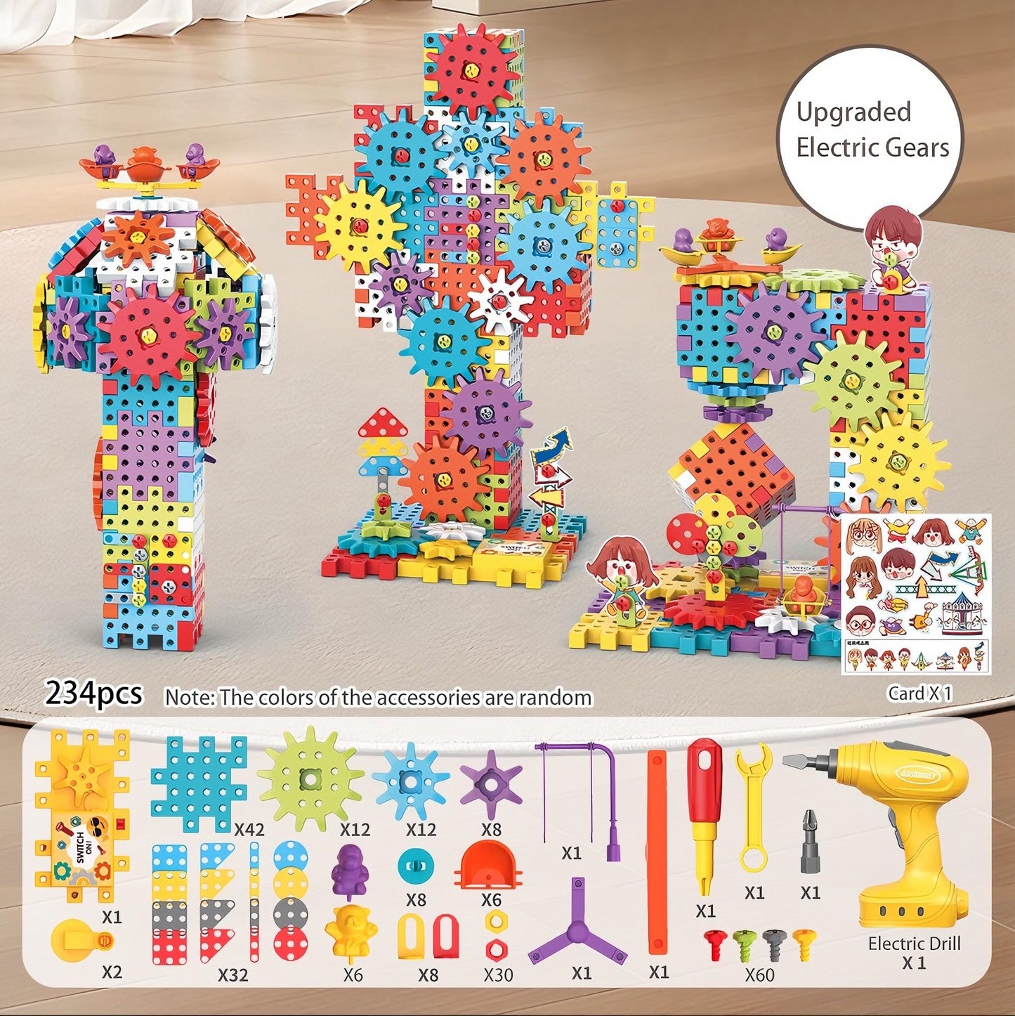 CZOALX Montessori Electric Gear Building Blocks Toys, Kids Tool Set - 234 Pcs Design and Drill Toddler Screws Toy, STEM Educational Construction Toy for Boys Girls Gift Ages 3-5