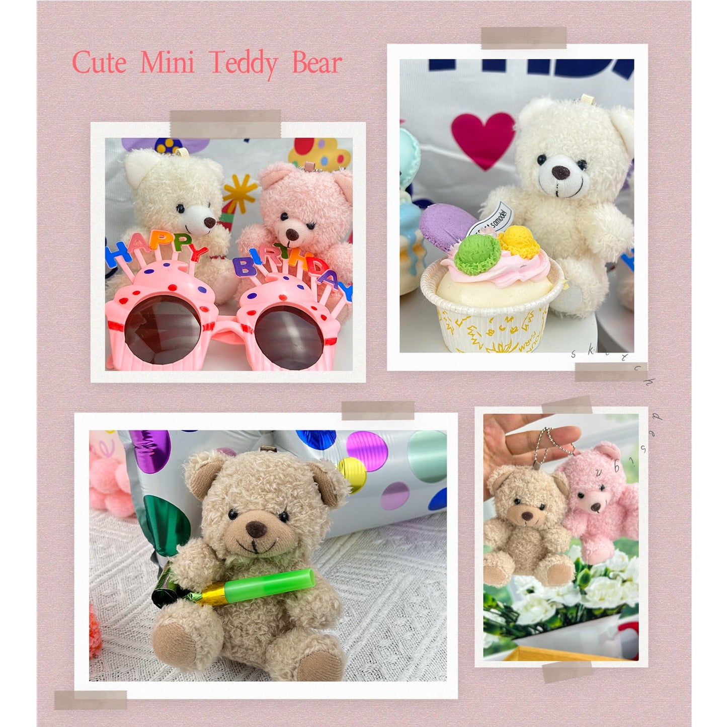 YJUBAOA 12 Pieces Mini Teddy Bear Bulk,4 inch Small Stuffed Animal Toy, Soft Plush Mini Teddy Bears for DIY Keychain Baby Shower Party Favors Graduation Keychain Bag Charm Supplies (Pink+Brown+White)