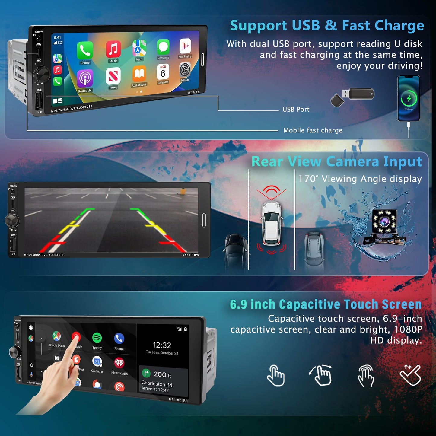 6.9 in Wireless Carplay Single Din Car Stereo, HD IPS Touchscreen Car Radio, Car Stereo with Bluetooth 5.0,Mirror Link,FM,EQ,USB/Type-C,MIC, Weatherproof Night Version Backup Camera, Android Auto