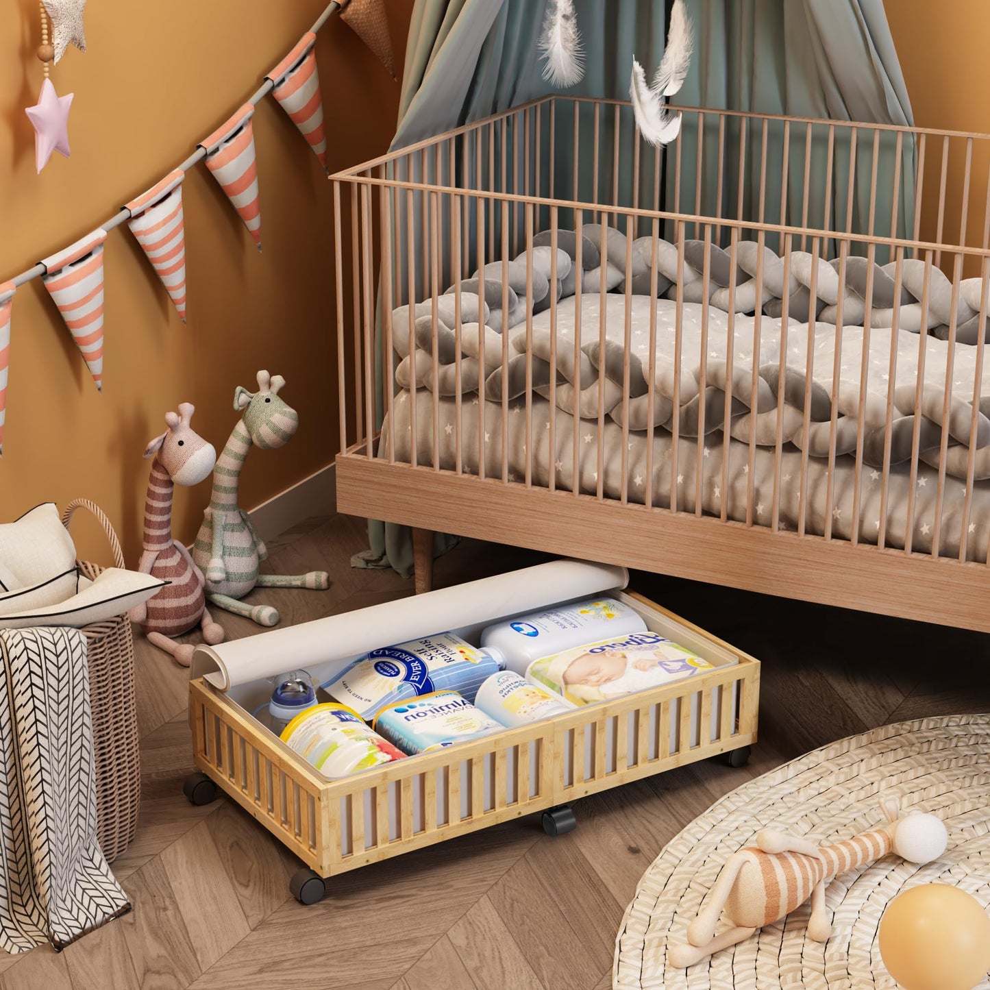 Bamboo Under Bed Storage Containers with Wheels, 2 Pack Large Under the Bed Shoe Storage Bins, Wood Rolling Underbed Drawers Organizer for Bedroom Closet Clothes Blanket Under Crib Toy Nature