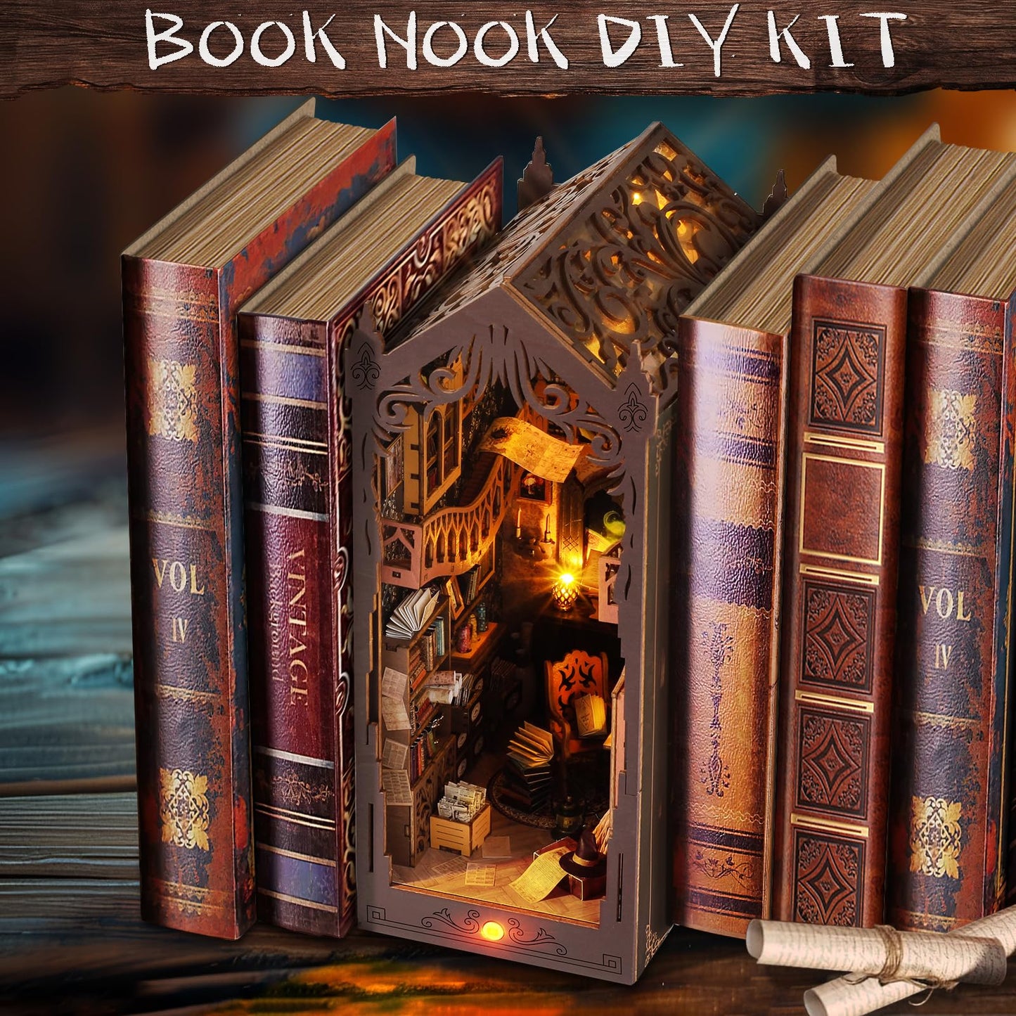 DIY Book Nook Kit - Dollhouse Miniature House Bookshelf Insert Decor Crafts for Adults Teens Halloween, 3D Wooden Puzzle Bookends with Sensor LED Light and Dust Cover