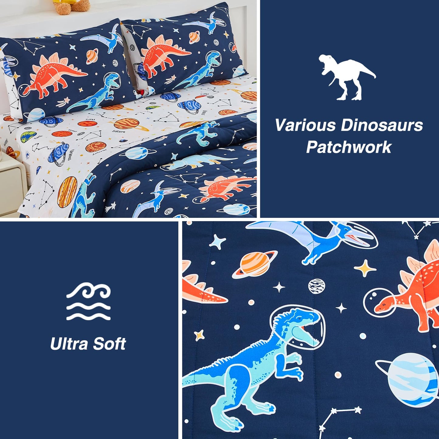 A Nice Night 5pc Glow in The Dark Kids Comforter Set,Dinosaur Galaxy Printed, Space Bedding Set Full Size for Boys Girls Teen