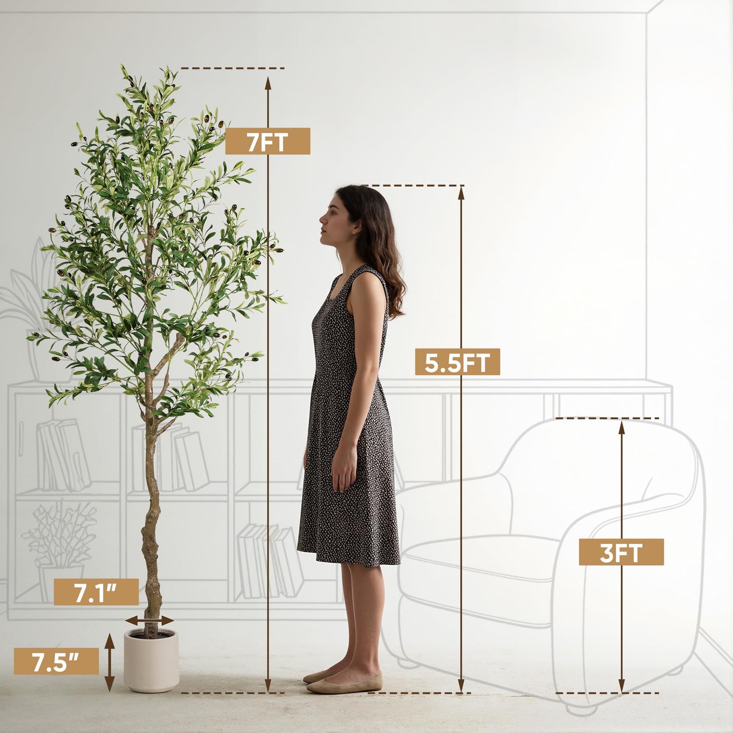 TreeTrip Olive Tree Artificial Indoor, 7 FT Faux Olive Trees with Planter, Fake Tall Plants with Natural Trunk and Lifelike Fruits for Home Office Decor(1, 7FT)