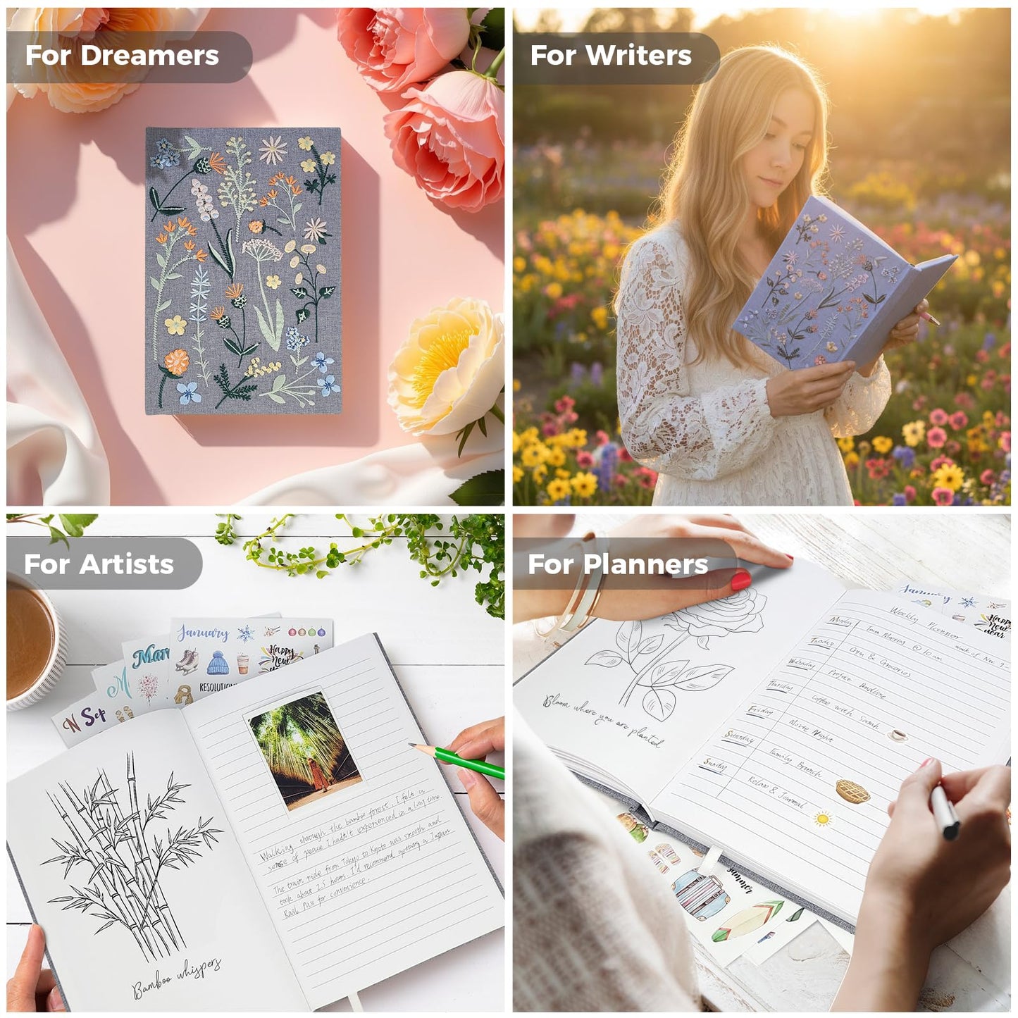 Journal for Women, Embroidered Linen Hardcover Notebook, A5 Journals for Writing & Sketching, Half Blank & Half Lined Journal, Aesthetic Writing Journal with Pen & 200+Stickers, Gift Set for Women