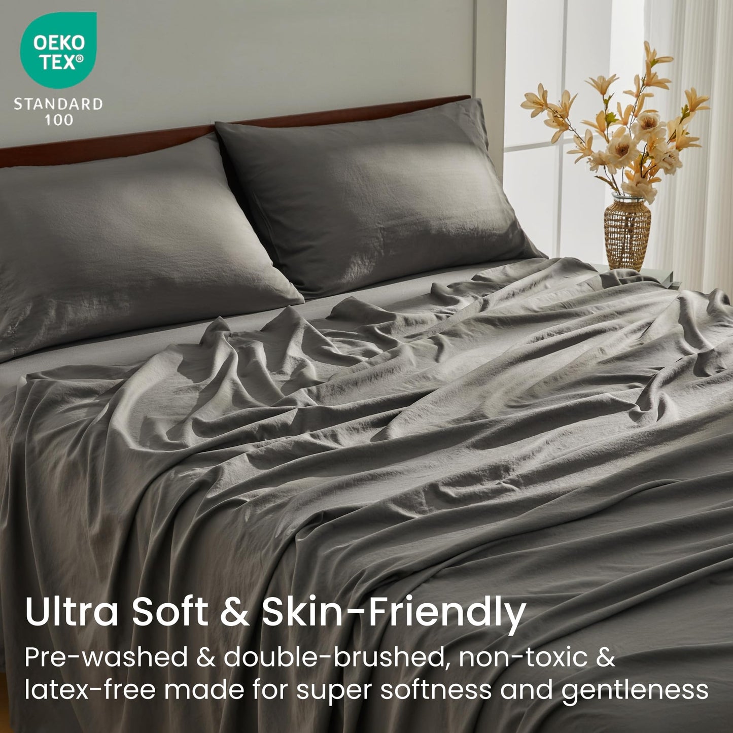 GOKOTTA 4-Pcs Queen Sheet Set, 16 Inch Deep Pocket Queen Sheets with Elastic Corner Straps, Brushed Microfiber Polyester - Hotel Luxury, Ultra Soft, Breathable, Anti-Rip, Wrinkle-Free - Dark Grey