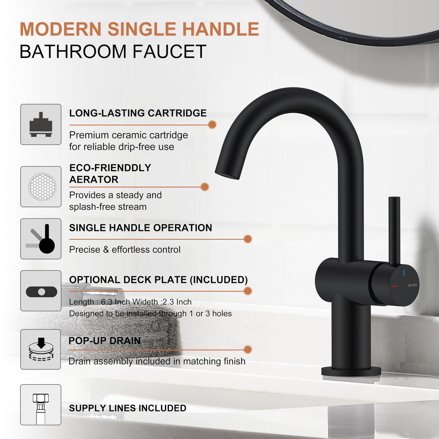 KENES Matte Black Bathroom Sink Faucet, Bathroom Faucets Single Handle Modern Prep Wet Bar Sink Faucets with Drain Assembly & Deck Plate, Farmhouse RV Camper Outdoor Utility Faucet, KE-9005B-2