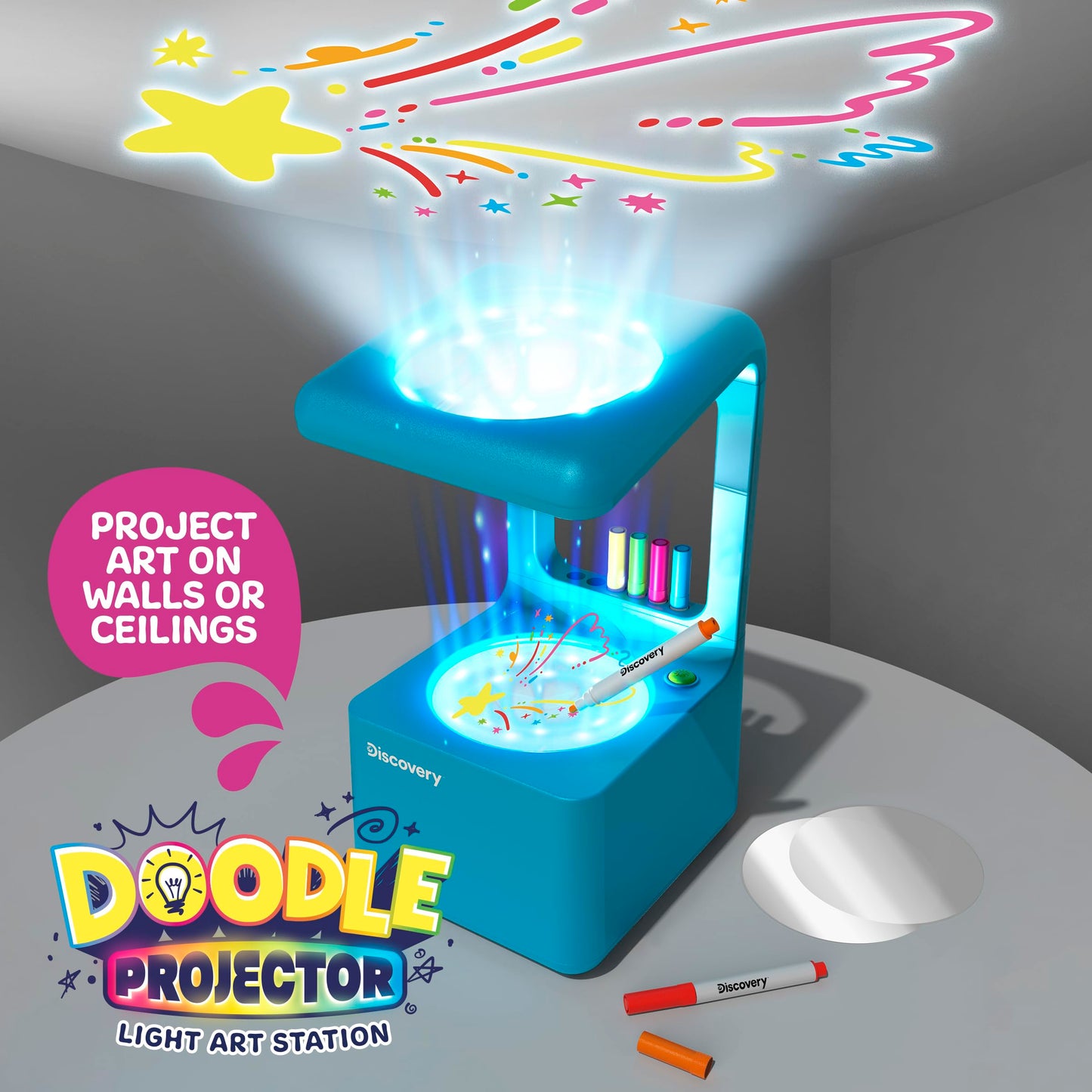 Discovery Doodle Projector Light Art Station, Includes 6 Markers, 10 Reusable Drawing Discs, Projects Art on Walls & Ceilings