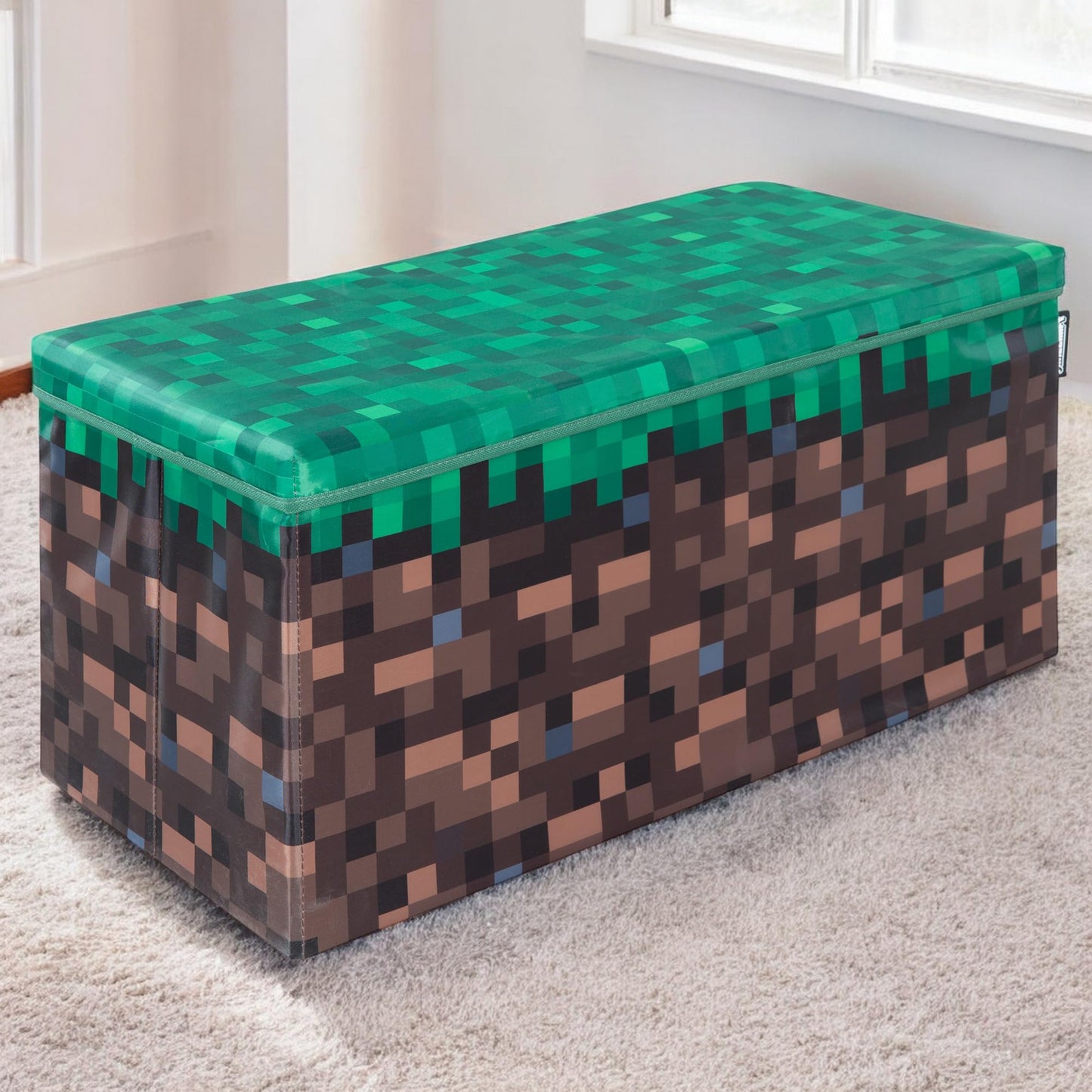Minecraft: Bench Storage Box - Large - Pixel Grass Block, Collapsible Toy Storage w/Lid, Footrest, 11.8 x 23.6 x 11.8, Game Theme Decor, Licensed