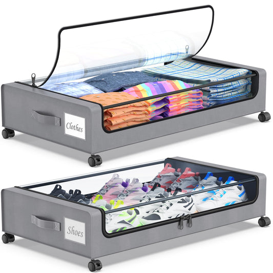 Beborxue Under Bed Storage with Wheels, 2-Pack Under the Bed Storage Containers with Lids, XXL 60L Under Bed Shoe Storage Organizer Bins, Rolling Underbed Storage for Clothes, Shoes, Blankets (Gray)