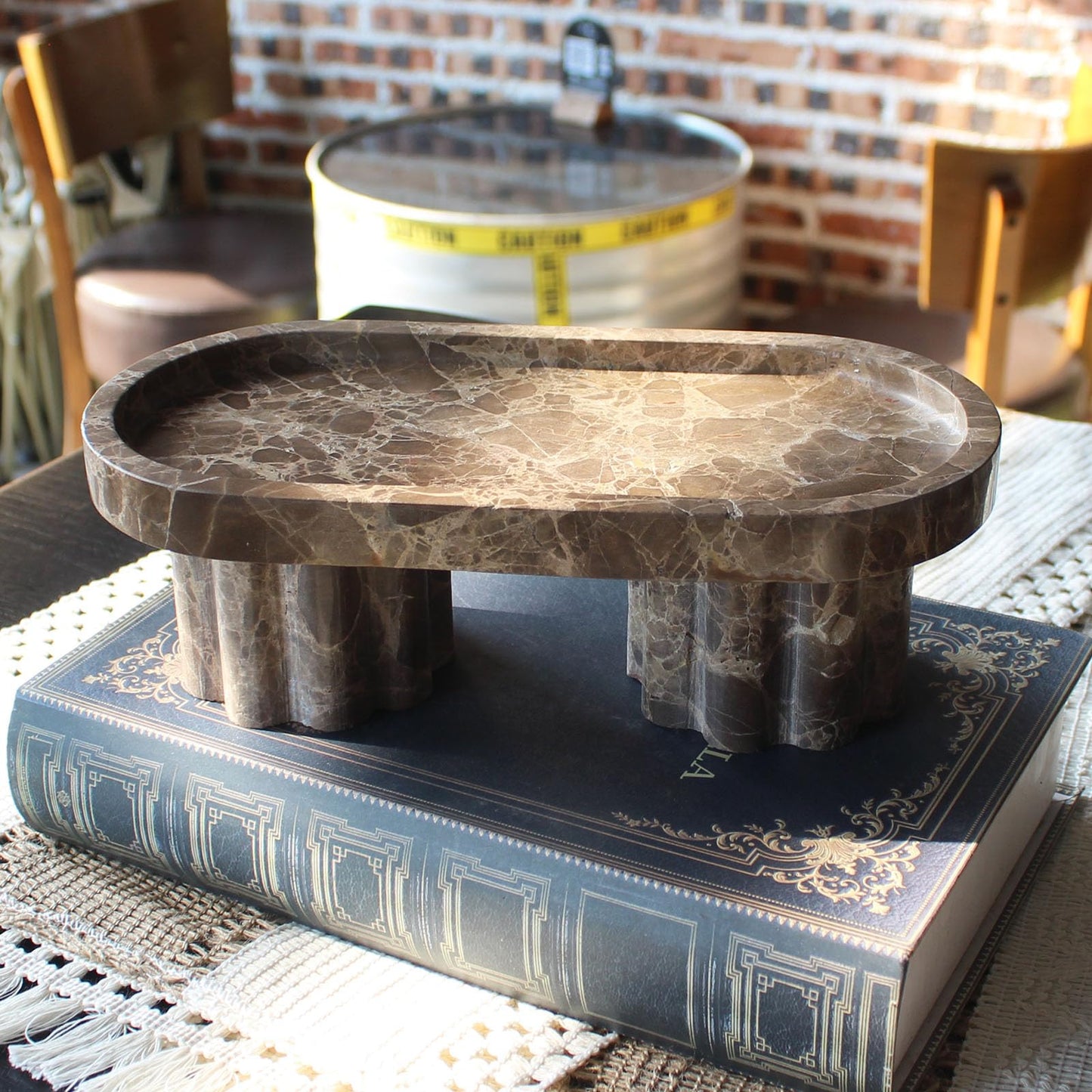 Natural Travertine Marble Oval Tray with 2 Legs, 10" Vanity Decorative Tray for Countertop Organizer, Catchall Tray for Perfume, Candles, Jewelry Dishv