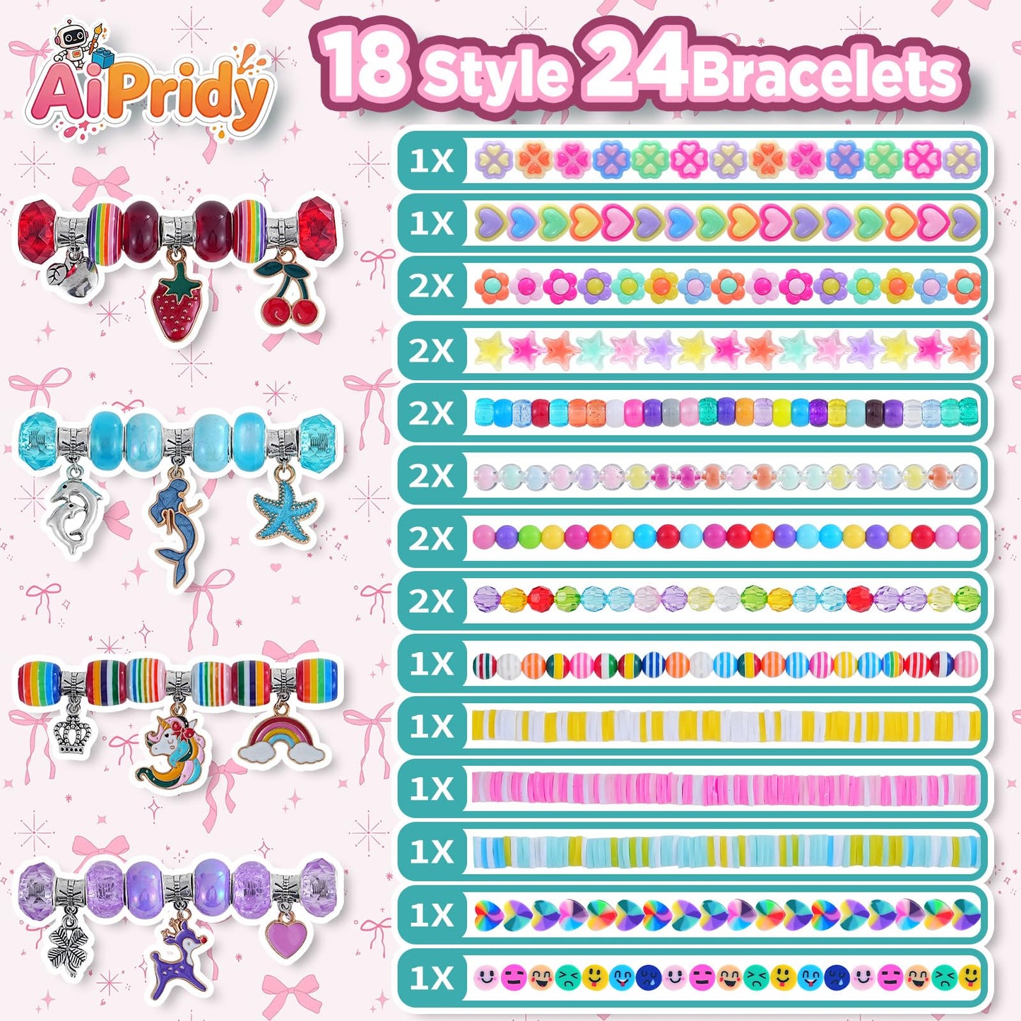 AIPRIDY Creative Beading Kit, Charm Bracelet Jewelry Making Kit for Kids, 18 Styles, 24 Pack Bracelet Wands,Classroom Prizes,Goodie Bags Stuffers, Ages 4+