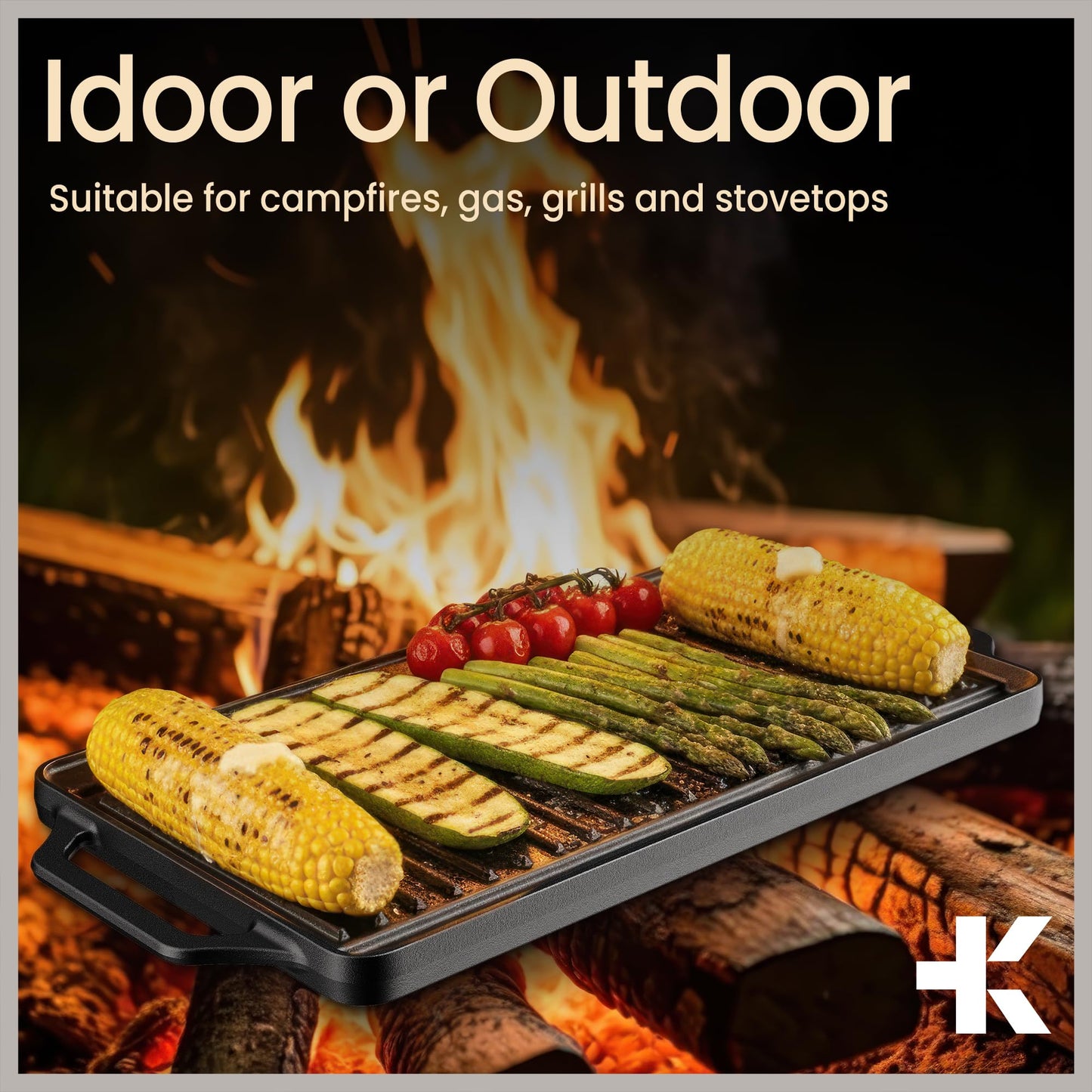 Bakken 18” Reversible Cast Iron Griddle, Flat & Grill Side, Dual Burner Cooking Plate for Pancakes, Meats & Veggies, Pre-Seasoned, Nonstick, Oven & Campfire Safe, Heavy-Duty Griddle Top with Mitt