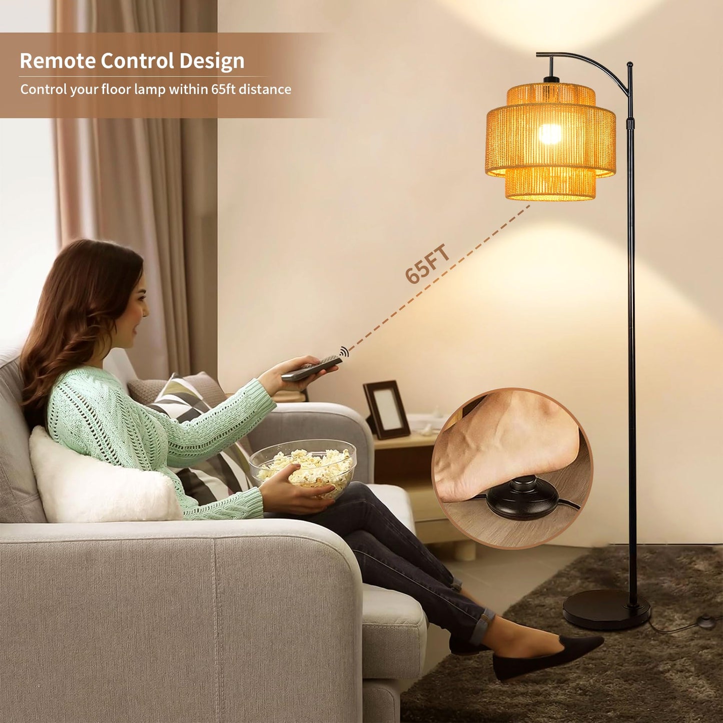 ILLMTW Rattan Floor Lamp for Living Room Bedroom Boho Arc Standing Lamp with Remote Dimmable Black Farmhouse Wicker Bamboo Lamp Shade Floor Light Tall Lamp Industrial Floor Lamps Bohemian Decor