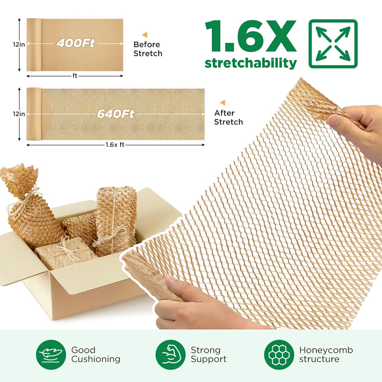Honeycomb Packing Paper, 12"x400' Brown | Perforated Honeycomb Packing Paper Recyclable Moving Supplies for Shipping & Moving | Plastic-Free Alternative to Bubble Cushion Wrap with 36 Fragile Stickers