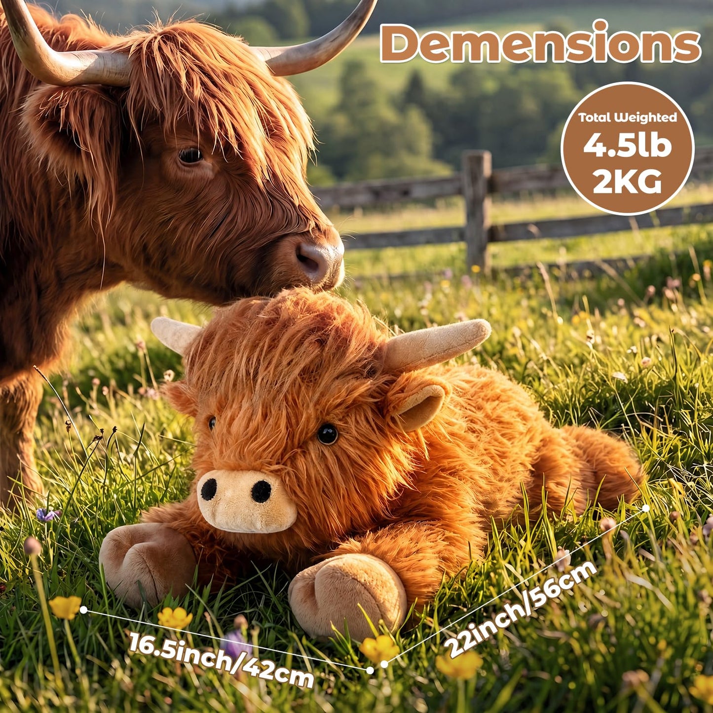 22" & 4.5 lbs Highland Cow Weighted Stuffed Animal for Anxiety, Cuddly & Soft Kids' Plush Toy Pillows for Companion, Large Plushies with Removable Ceramsite Bag, Gifts for Adults, Kids, Boys and Girl